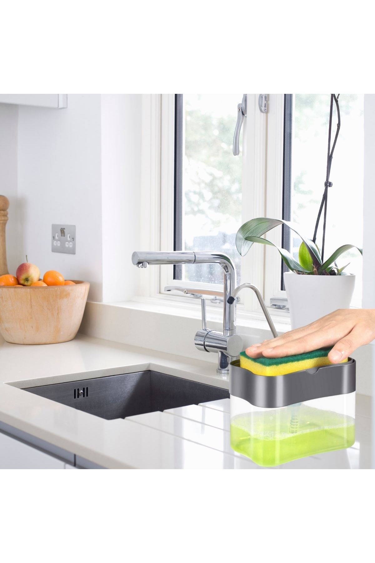 TBL Dekor® İkisi Bir Arada  Basmalı Pratik Sıvı Sabunluk Pompası ve Bulaşık Yıkama Süngeri Haznesi