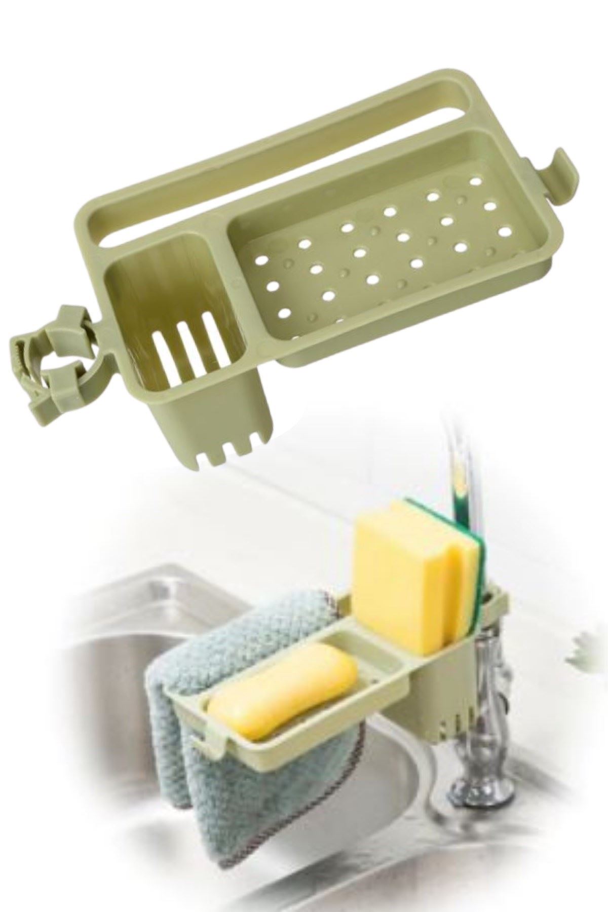 TBL Dekor® Musluğa Takılan Sünger Havlu Askılı Sabun Hazneli mutfak Banyo Lavabo Düzenleyici Organizer