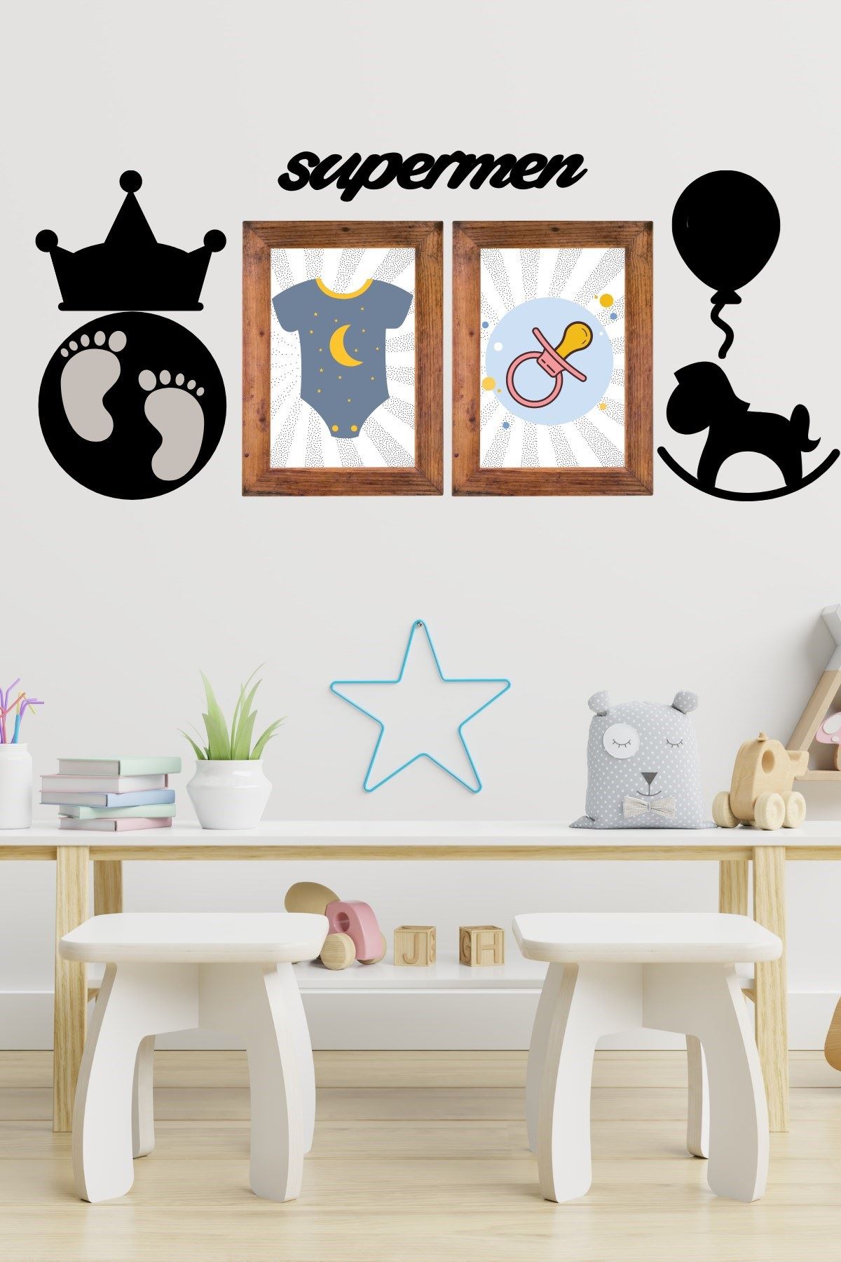TBL Dekor® DECO103 Supermen Dekoratif Duvar Süsü Tablo Aksesuar Ahşap Tasarım Hediye Pano Sticker Seti