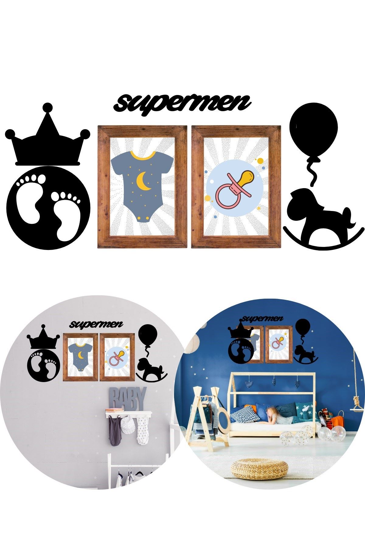 TBL Dekor® DECO103 Supermen Dekoratif Duvar Süsü Tablo Aksesuar Ahşap Tasarım Hediye Pano Sticker Seti
