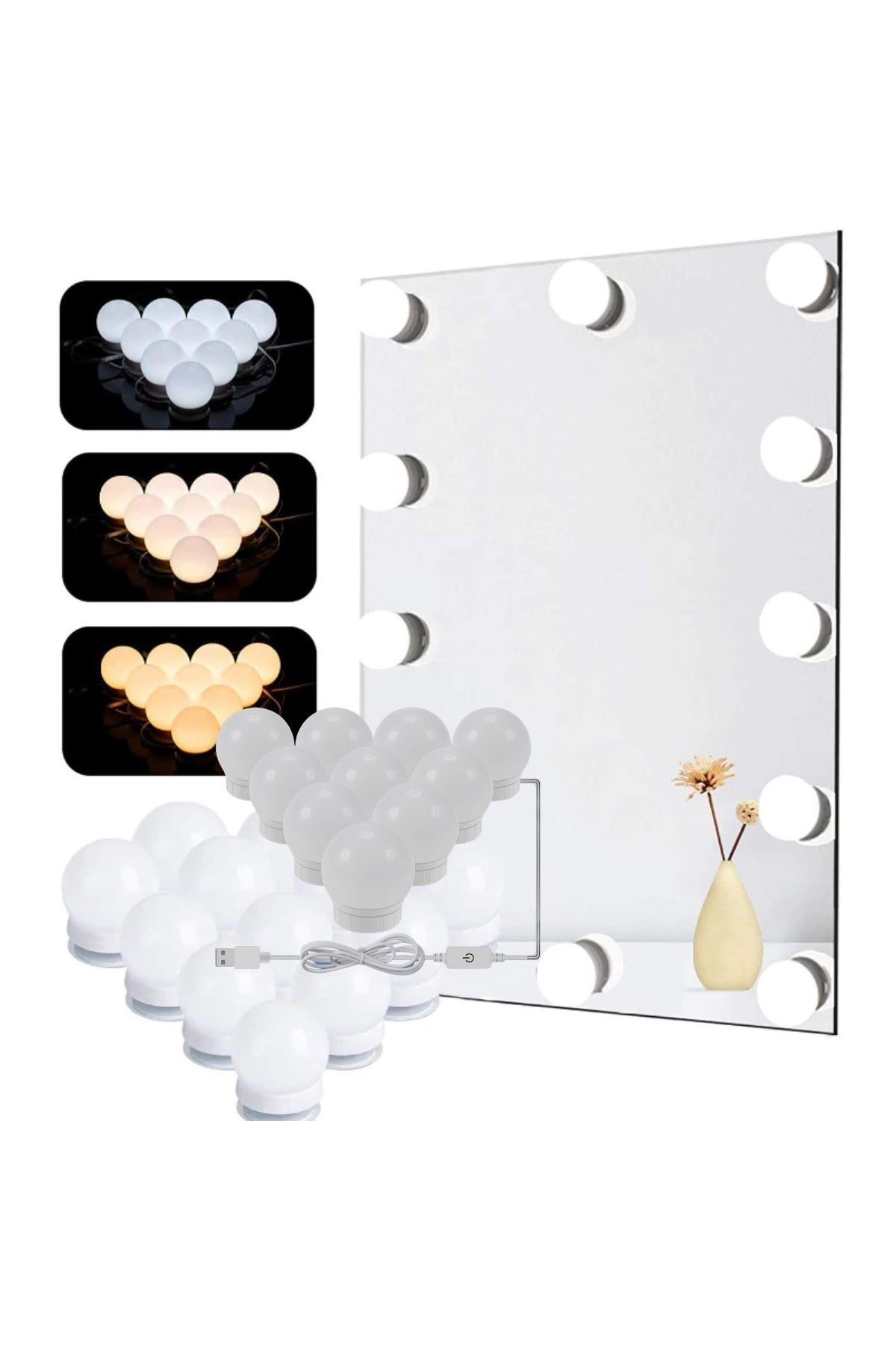 TBL Dekor® Nostalji Hollywood Tarzı 10lu Makyaj Masası Aynası Beyaz Led Işıklı Lamba USB