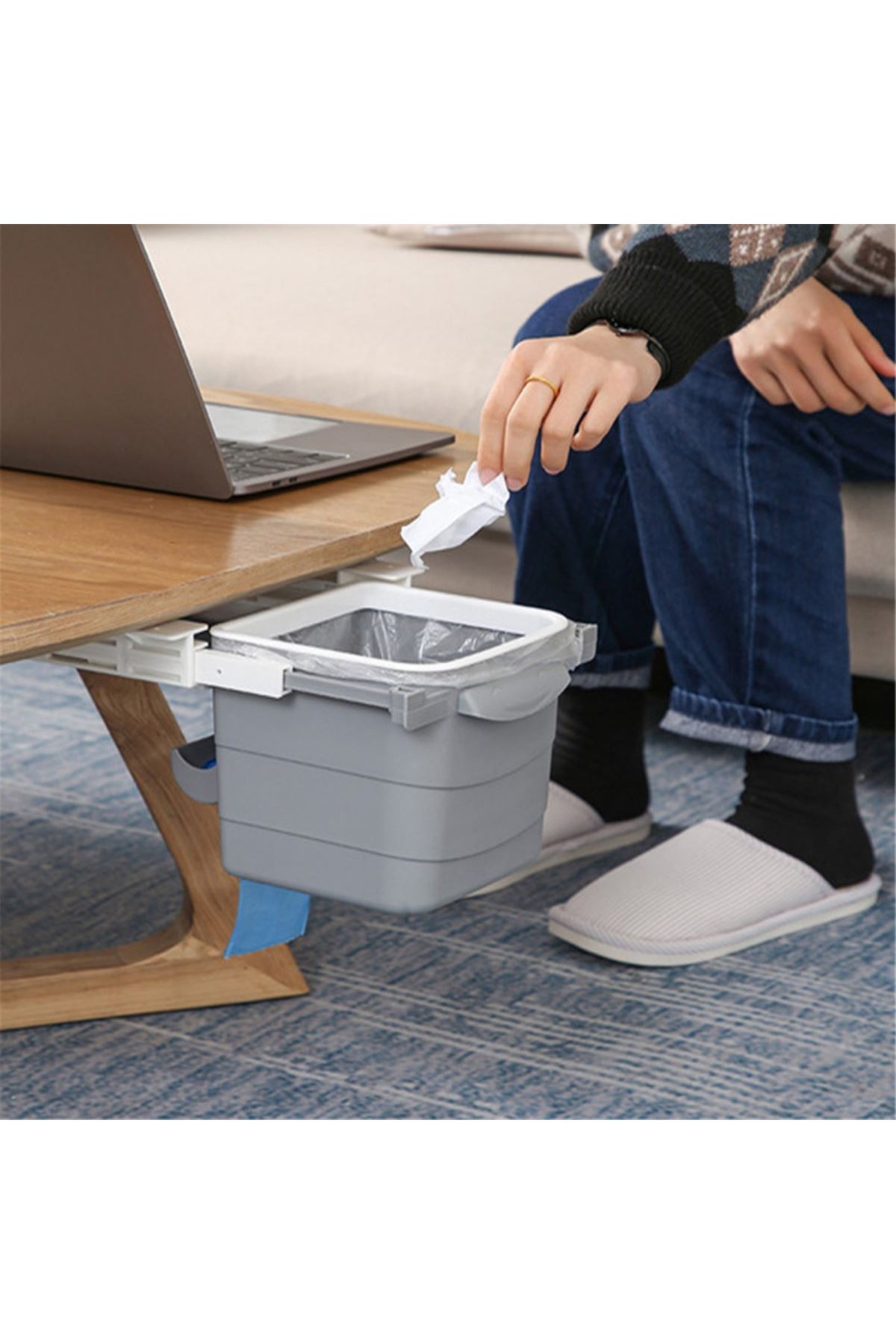 TBL Dekor® Mini Masa Çöp Kovası Plastik Tezgah Altı Geri Çekilebilir Yapışkanlı Görünmez Bölme Pratik