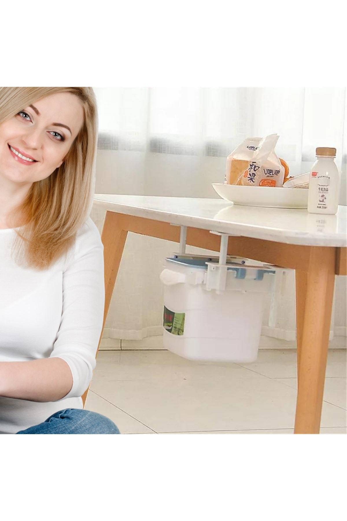 TBL Dekor® Mini Masa Çöp Kovası Plastik Tezgah Altı Geri Çekilebilir Yapışkanlı Görünmez Bölme Pratik