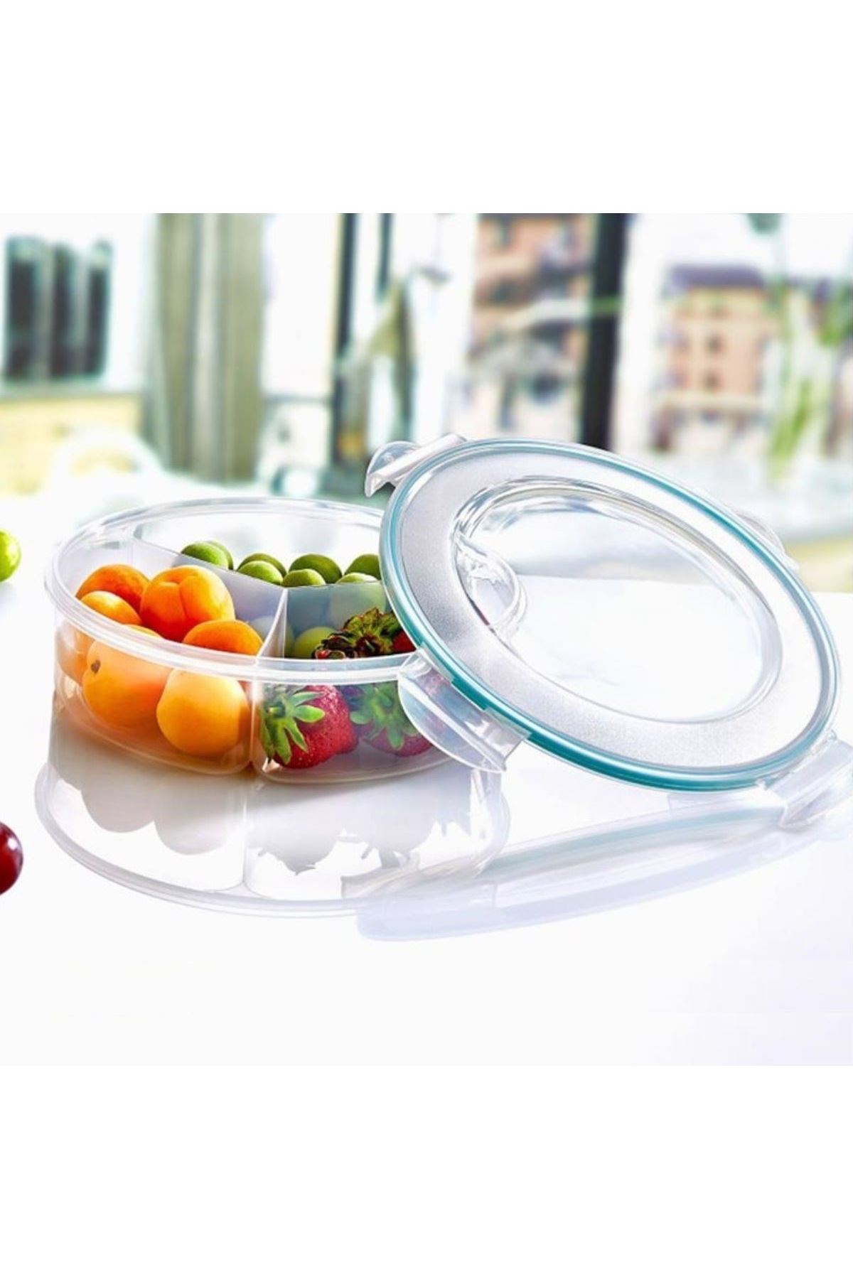 TBL Dekor® 3 Bölmeli Sızdırmaz Contalı Kilitli Kapaklı 1,35 Litre yuvarlak Erzak Saklama Kabı LC-500