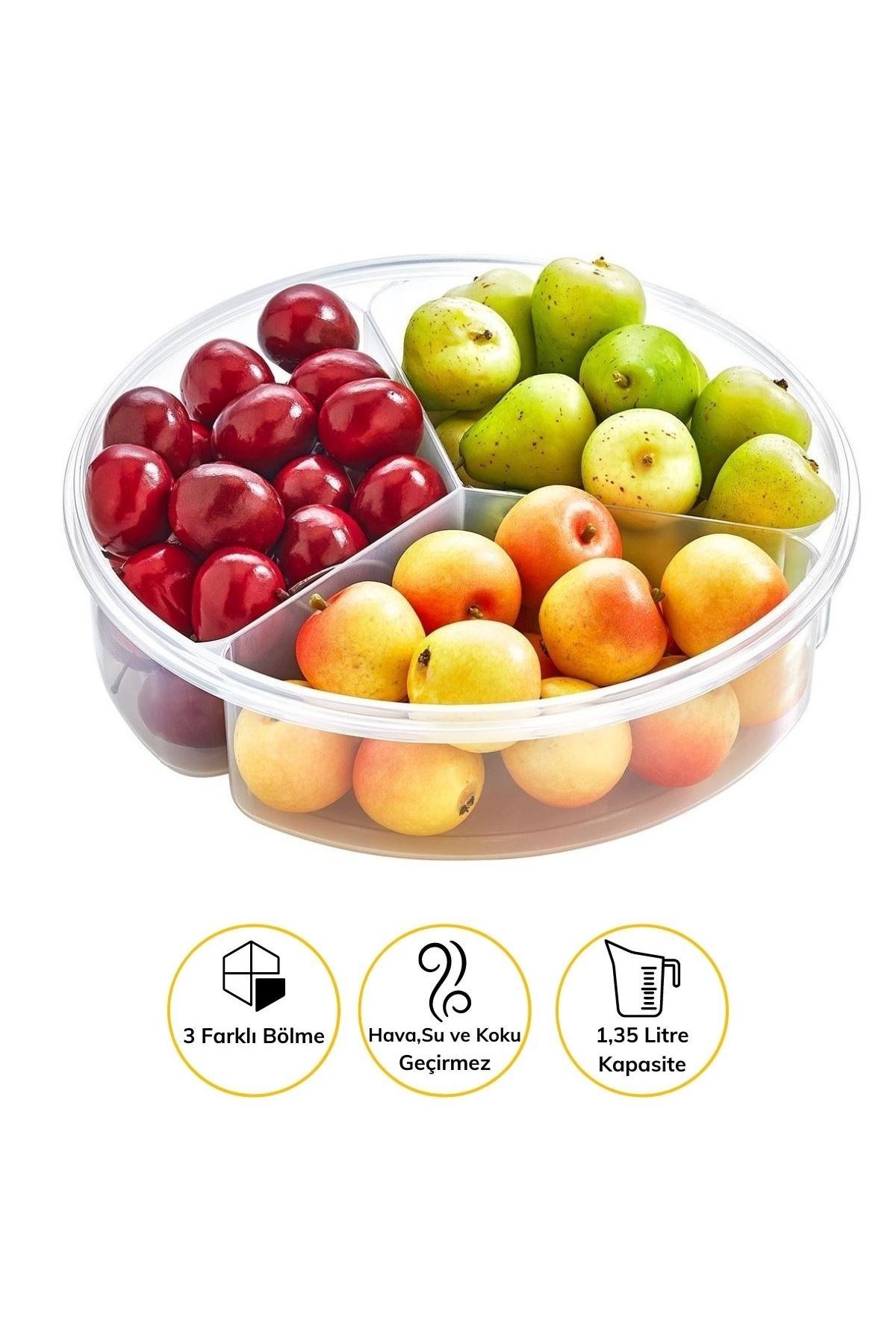 TBL Dekor® 3 Bölmeli Sızdırmaz Contalı Kilitli Kapaklı 1,35 Litre yuvarlak Erzak Saklama Kabı LC-500