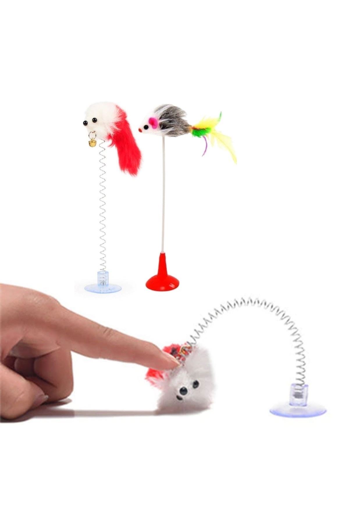 TBL Dekor® 2li Vantuzlu Fareli Tüylü Hareketli Çanlı ve Esneyen Eğlenceli Peluş Kedi Oyuncağı
