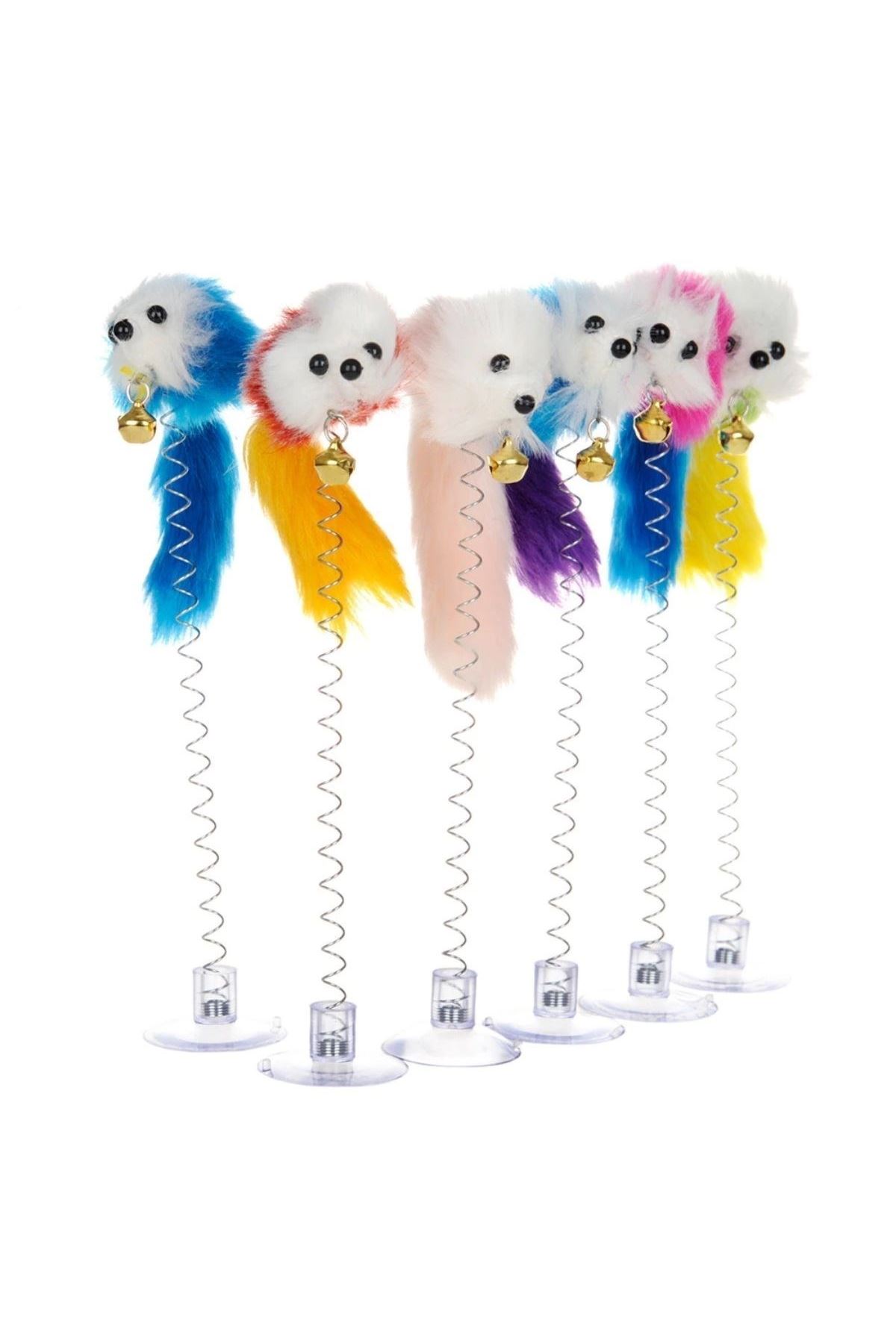 TBL Dekor® 2li Vantuzlu Fareli Tüylü Hareketli Çanlı ve Esneyen Eğlenceli Peluş Kedi Oyuncağı