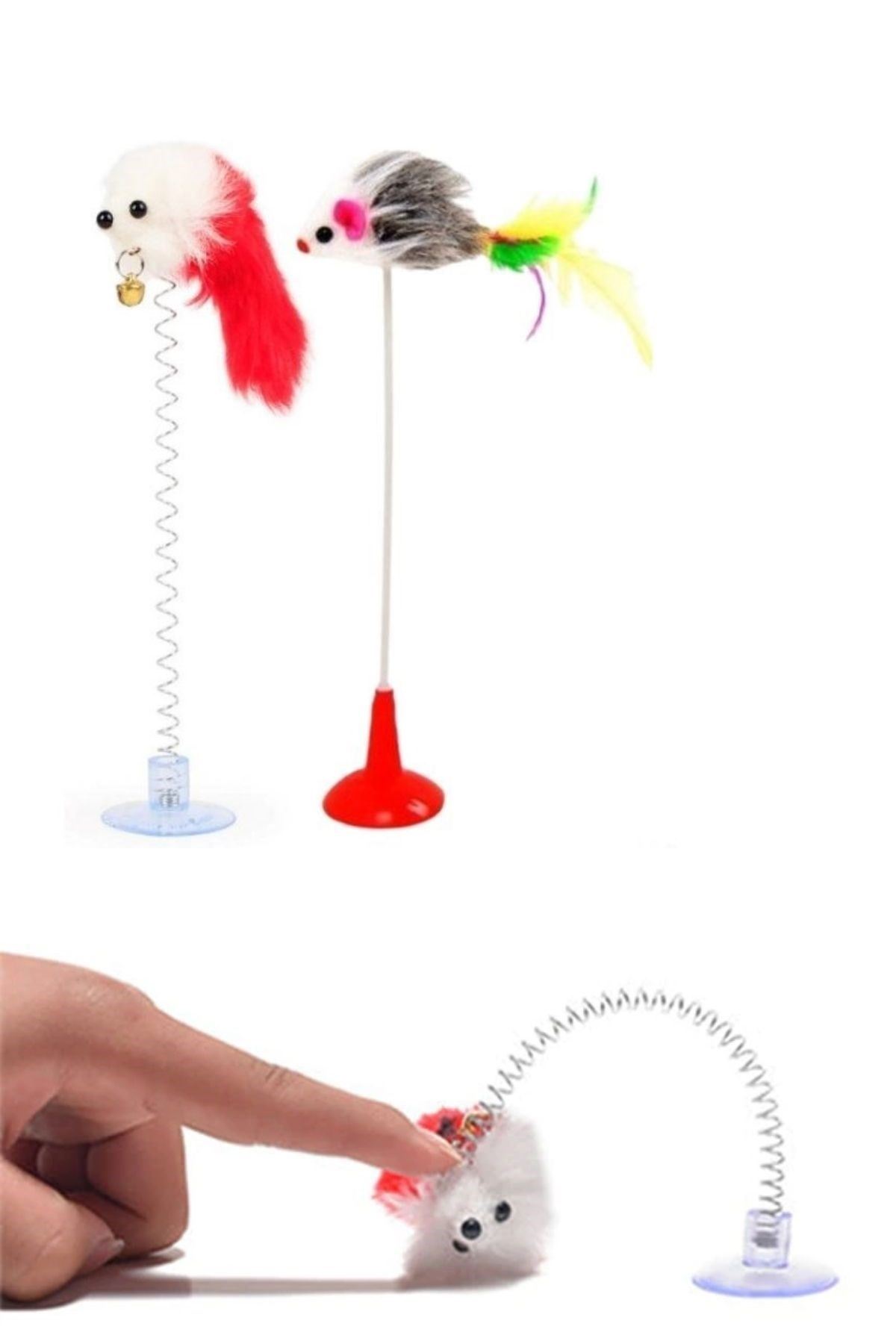 TBL Dekor® 2li Vantuzlu Fareli Tüylü Hareketli Çanlı ve Esneyen Eğlenceli Peluş Kedi Oyuncağı