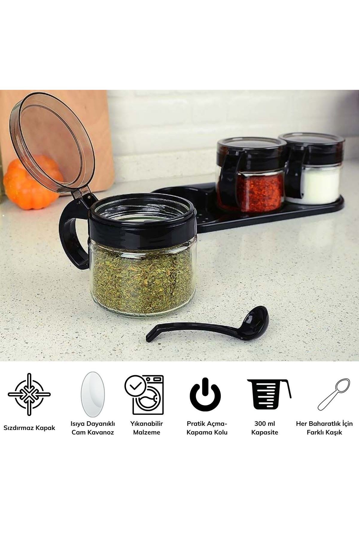 TBL Dekor® Siyah 3lü Standlı Kapaklı Kaşıklı Cam Hava Sızdırmaz Baharatlık Takımı KC-386