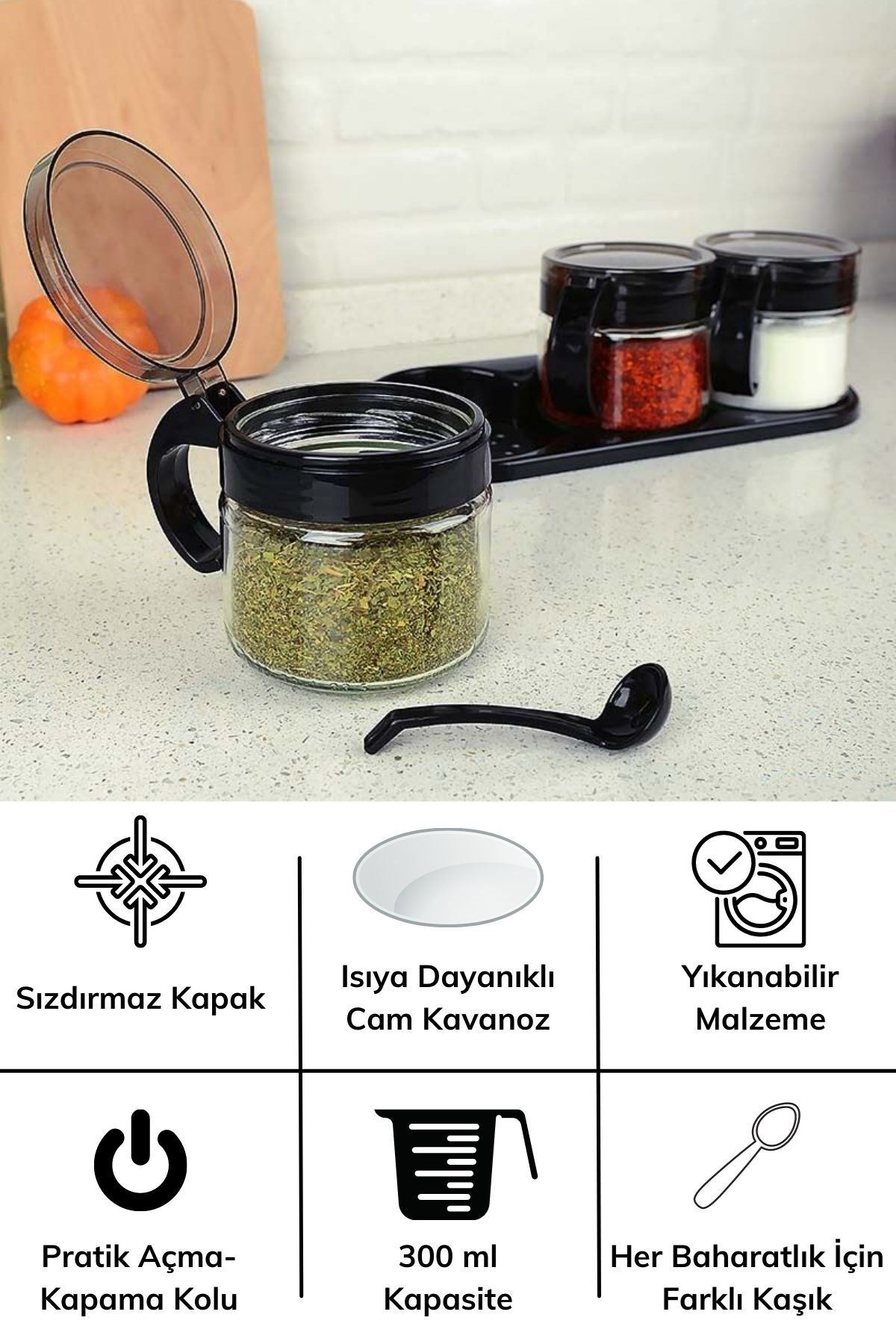 TBL Dekor® Siyah 3lü Standlı Kapaklı Kaşıklı Cam Hava Sızdırmaz Baharatlık Takımı KC-386