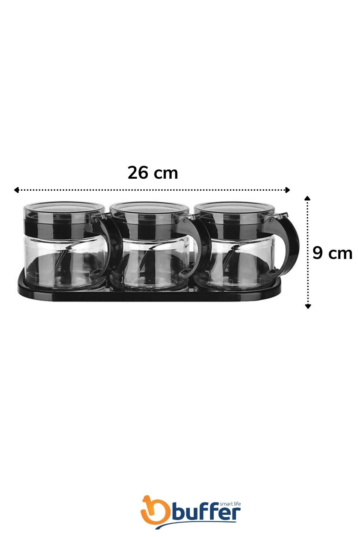 TBL Dekor® Siyah 3lü Standlı Kapaklı Kaşıklı Cam Hava Sızdırmaz Baharatlık Takımı KC-386