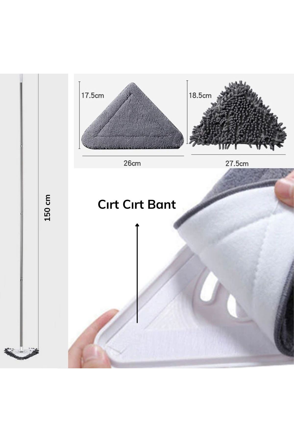 TBL Dekor® Teleskopik Saplı 150 cm Üçgen Mop Cam Duvar Tavan Fayans Parke Temizleyici Mop