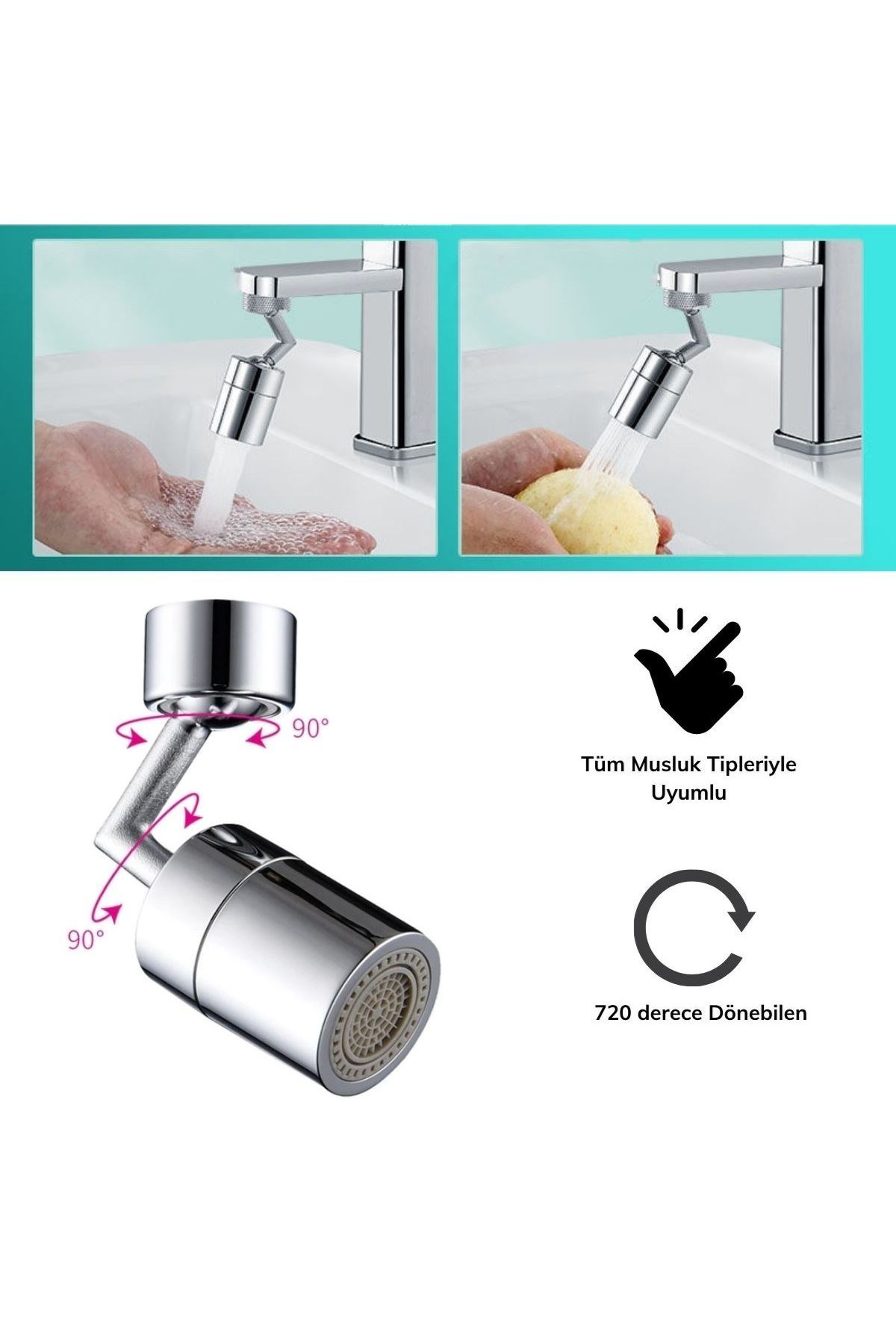 TBL Dekor®  720 Derece Dönebilen 4 Filtreli Tüm Musluk Tipleri İle Uyumlu Montaj Aparatlı Musluk Başlık