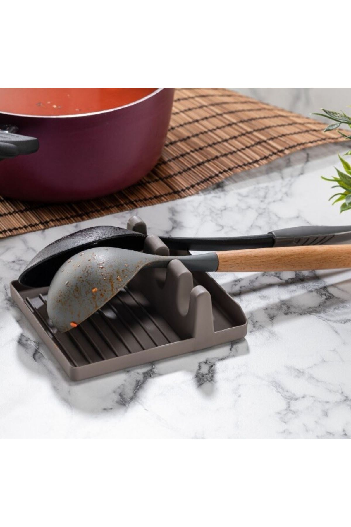 TBL Dekor® Tencere Kapak Tutuculu Kaşıklıklı Tencere Kapak Standı Pratik Kaşık Kepçe Altlık Düzenleyici