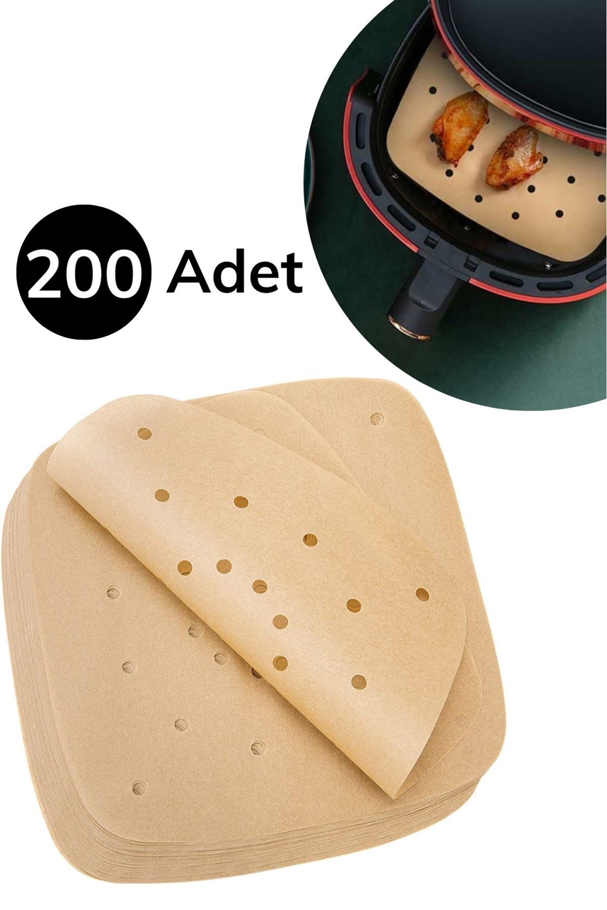 TBL Dekor® 200 Adet Air Fryer Pişirme Kağıdı Tek Kullanımlık Pişirme Kağıdı Delikli Kare Model