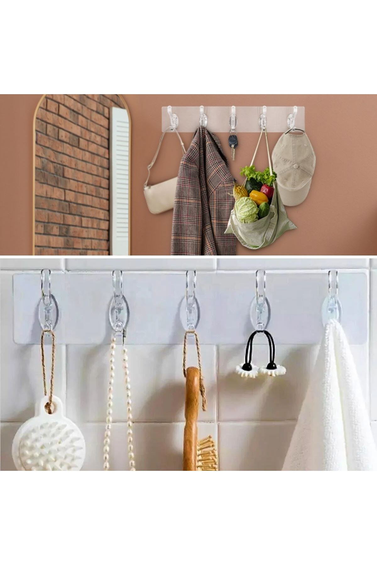 TBL Dekor® 5'li Güçlü Yapışkanlı Şeffaf Duvar Askısı Banyo Mutfak Düzenleyici Pratik Askılık