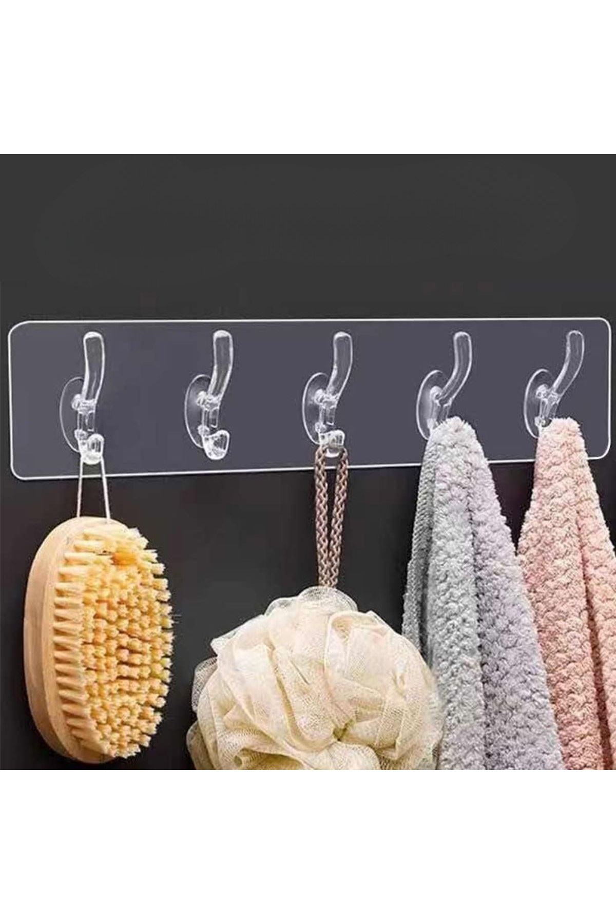 TBL Dekor® 5'li Güçlü Yapışkanlı Şeffaf Duvar Askısı Banyo Mutfak Düzenleyici Pratik Askılık