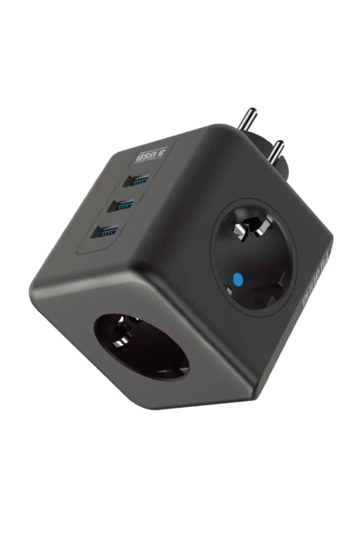 TBL Dekor® Isıya Dayanıklı Termal Akım Korumalı ve Çocuk Korumalı 3 Priz Girişli 3 USB Girişli Küp Priz