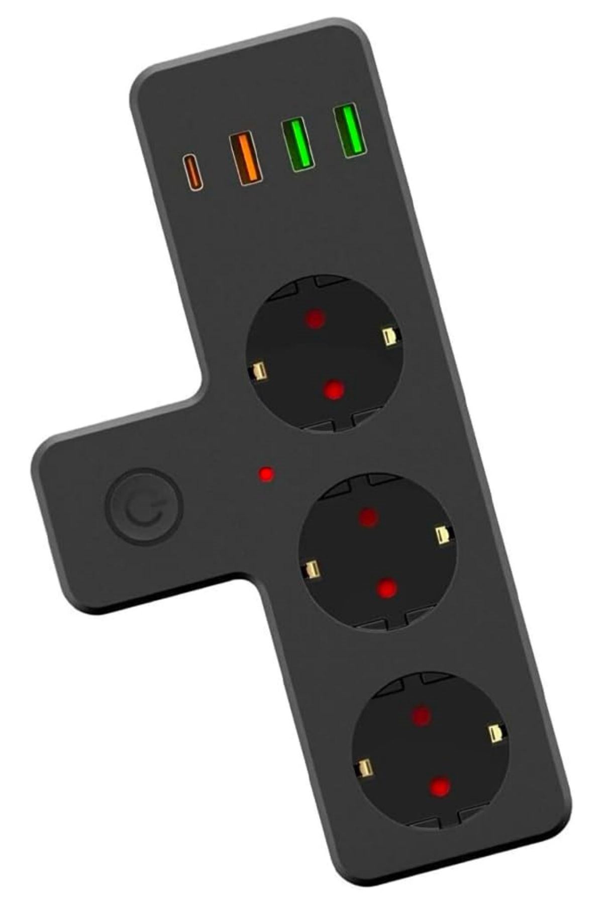 TBL Dekor® Termal Akım Korumalı 3 Adet Soket,3 Adet USB ve 1 Adet Type-C Girişli 20w Priz Model 3397