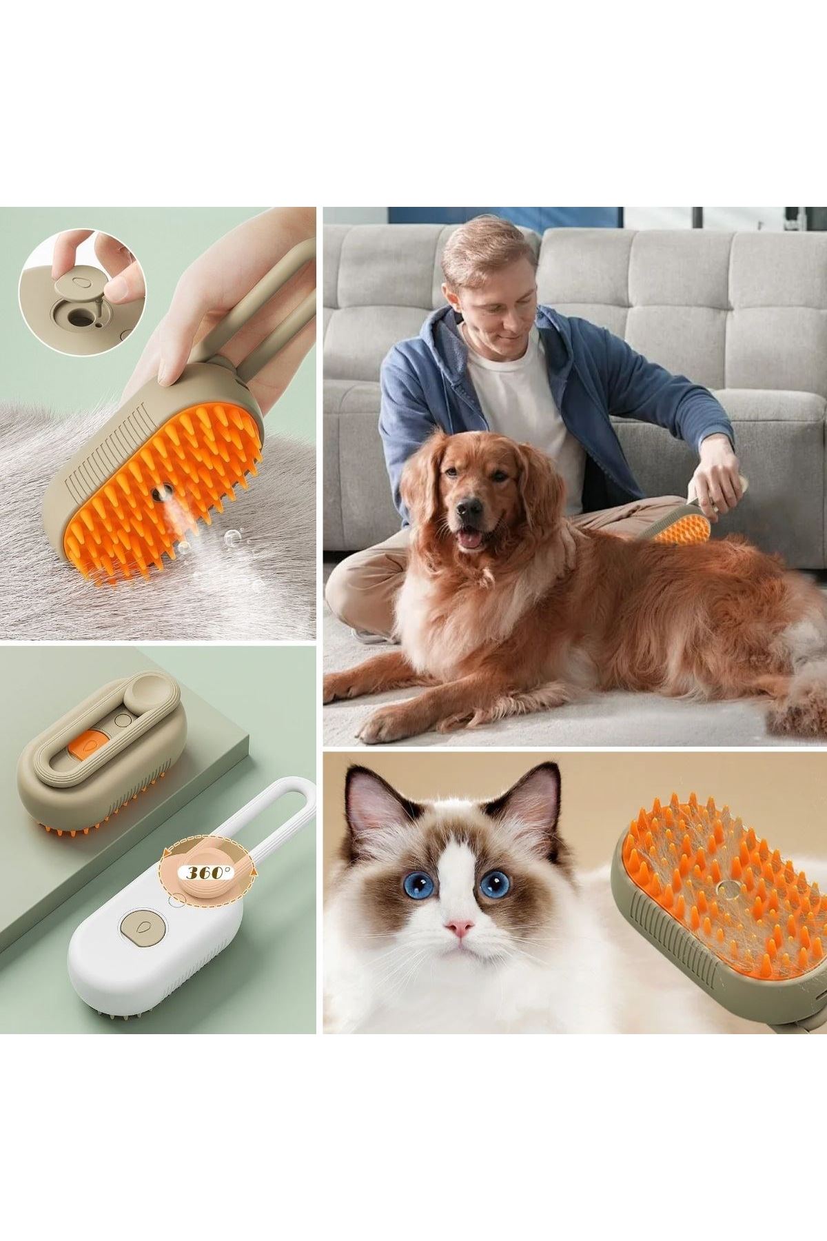 TBL Dekor®  Saplı Su Püskürtmeli Kedi Köpek Fırçası Masaj Etkili Tüy Toplama Tarağı