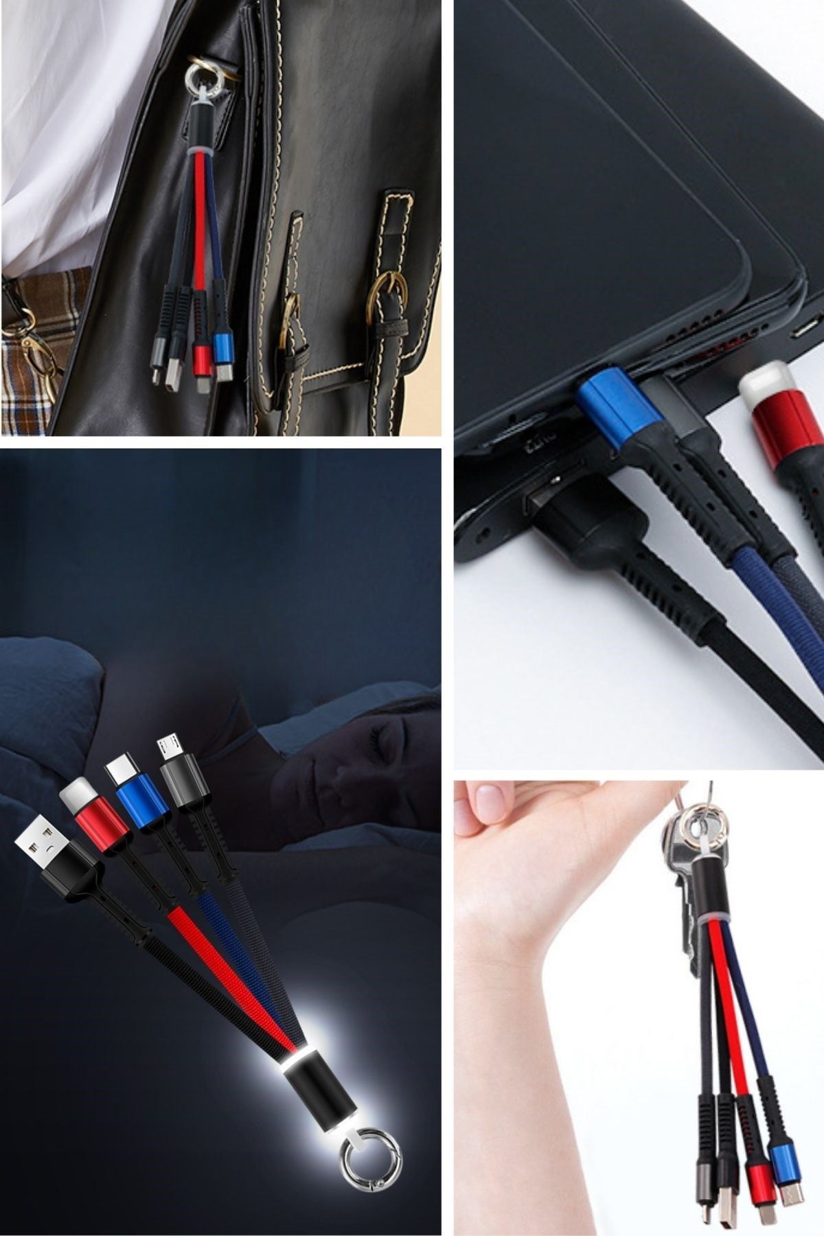 TBL Dekor® Işıklı Anahtarlık Model 3 in 1 USB Çıkışlı MİKRO,TYPE-C ve İphone Uyumlu Şarj Kablosu