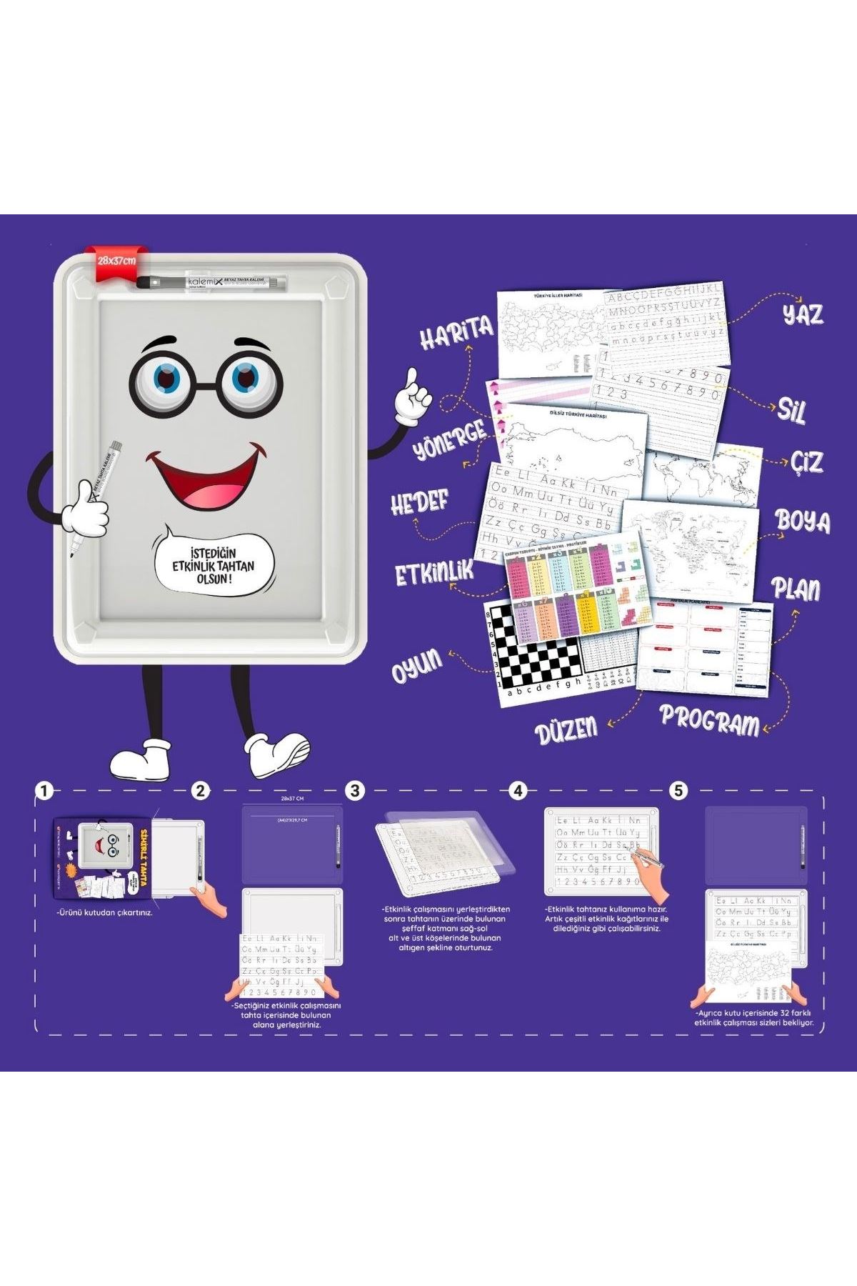 TBL Dekor 32 Farklı Etkinlikli Kalem ve Silgi Hediyeli Eğitici Sihirli Etkinlik Tahtası