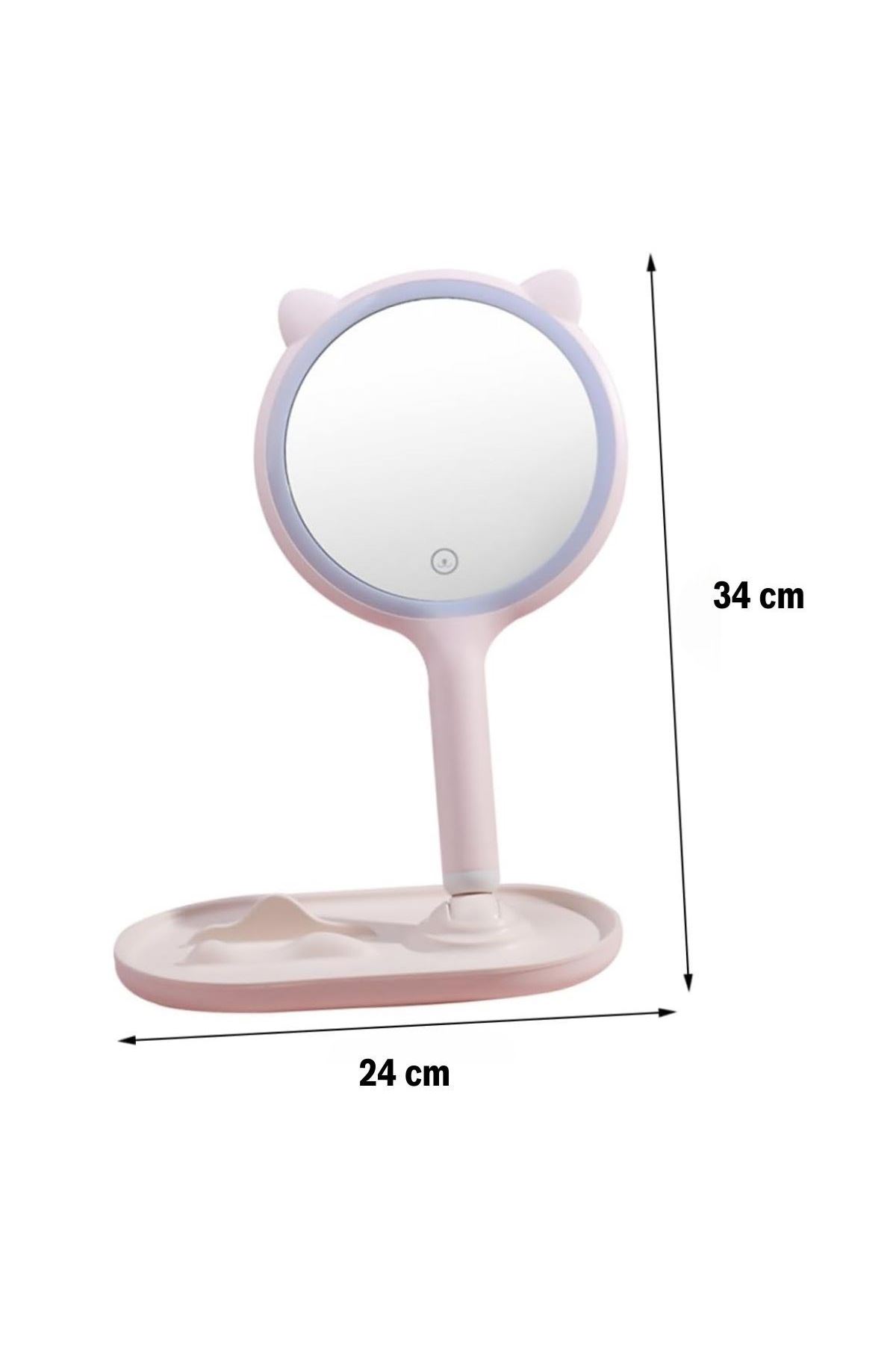 TBL Dekor® Kedi Kulaklı Telefon Standlı Yuvarlak Dokunmatik Led Ayarlı Masa Üstü Makyaj Aynası