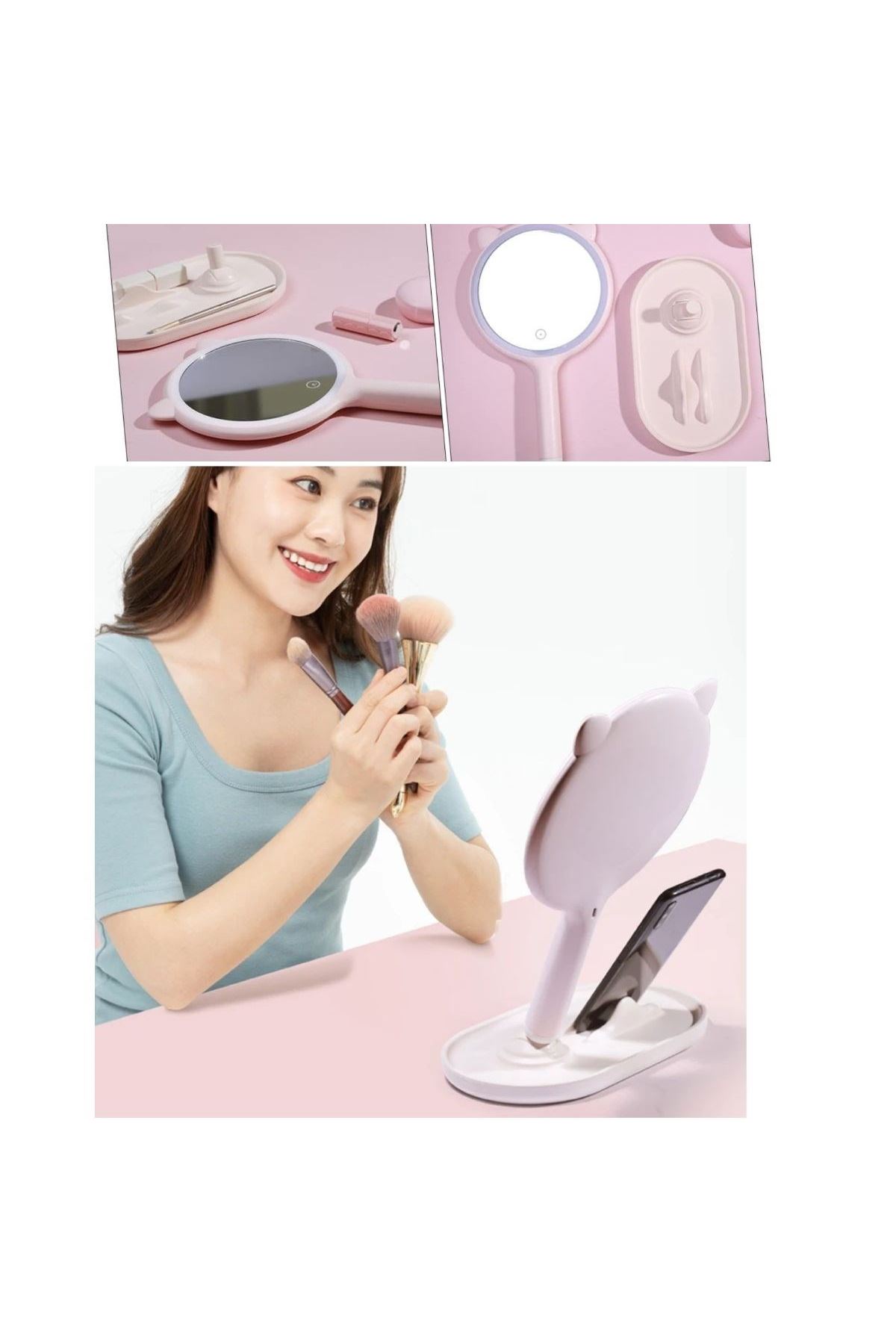 TBL Dekor® Kedi Kulaklı Telefon Standlı Yuvarlak Dokunmatik Led Ayarlı Masa Üstü Makyaj Aynası