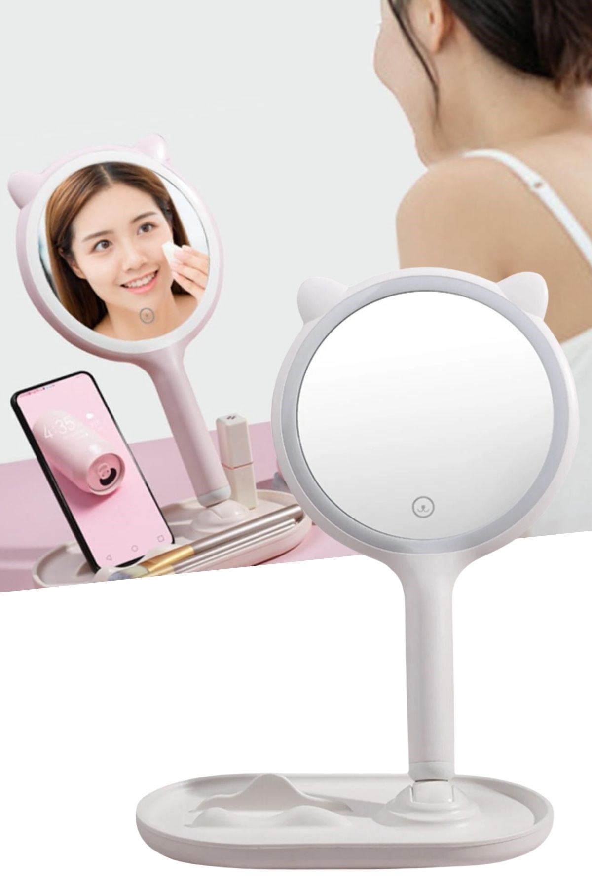 TBL Dekor® Kedi Kulaklı Telefon Standlı Yuvarlak Dokunmatik Led Ayarlı Masa Üstü Makyaj Aynası