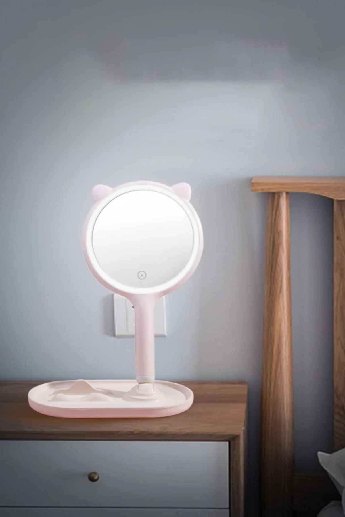 TBL Dekor® Kedi Kulaklı Telefon Standlı Yuvarlak Dokunmatik Led Ayarlı Masa Üstü Makyaj Aynası