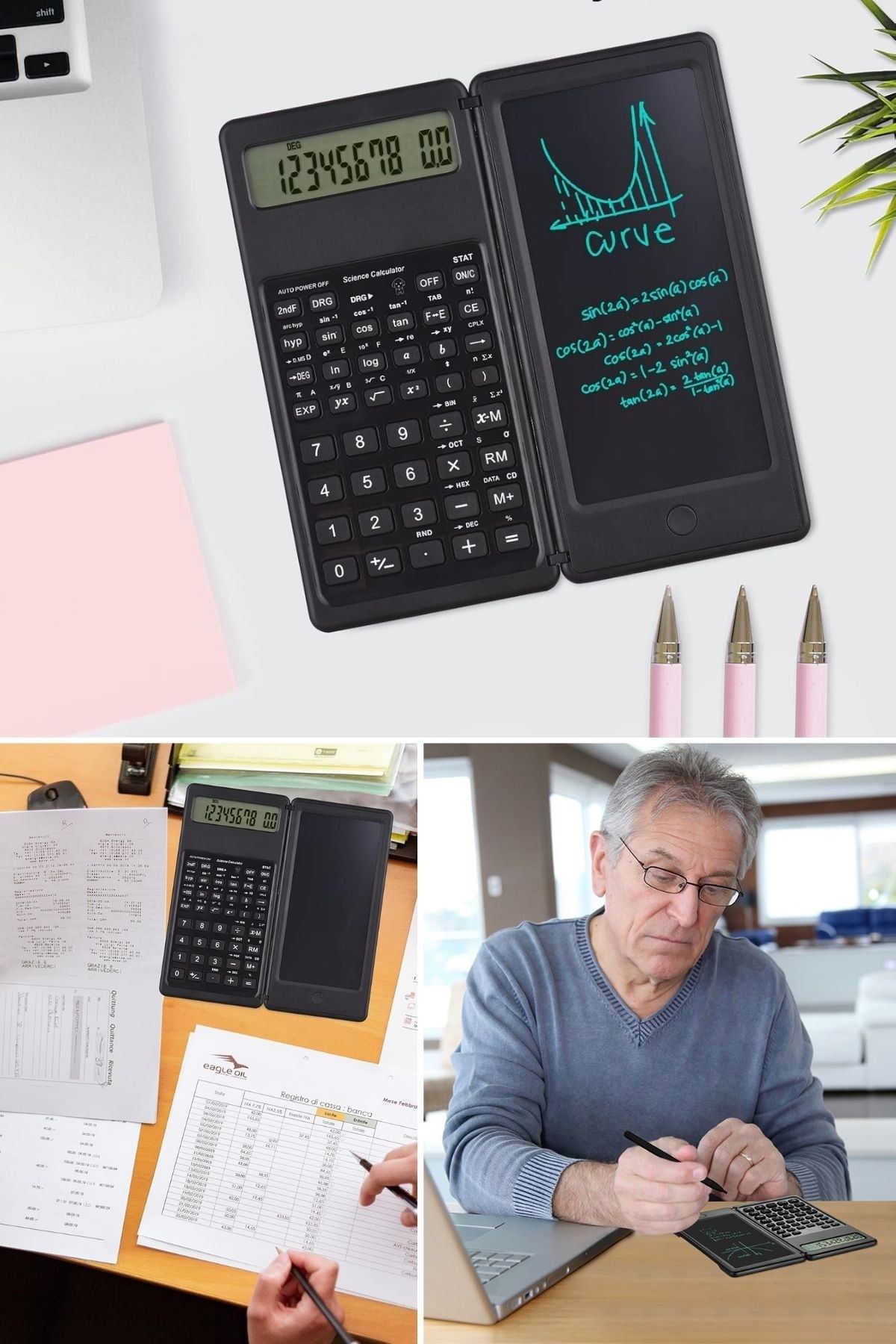 TBL Dekor® Silinebilir LCD Yazı Tabletli,Kalemli Katlanabilir Bilimsel Hesap Makinesi