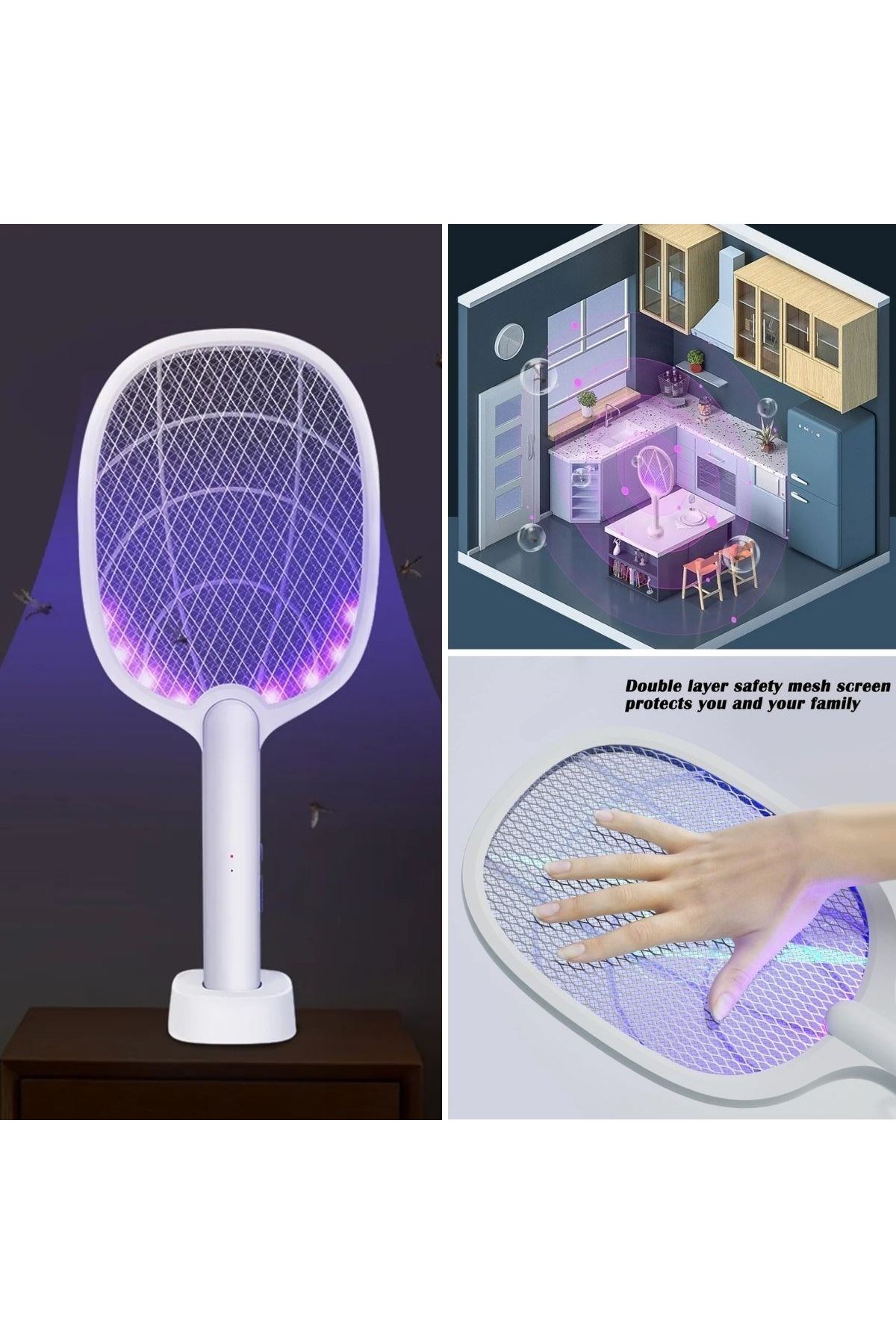 TBL Dekor® Şarjlı Sinek Öldürücü Masaüstü Standlı,Mor Işık Sinek Kovucu Raket 5w