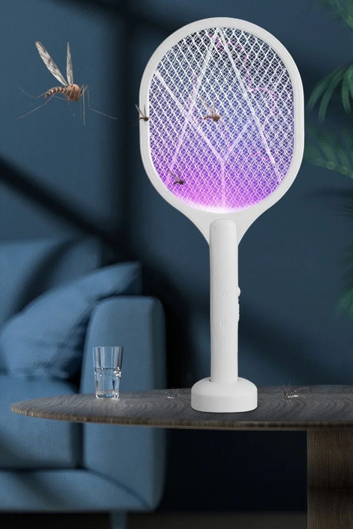 TBL Dekor® Şarjlı Sinek Öldürücü Masaüstü Standlı,Mor Işık Sinek Kovucu Raket 5w