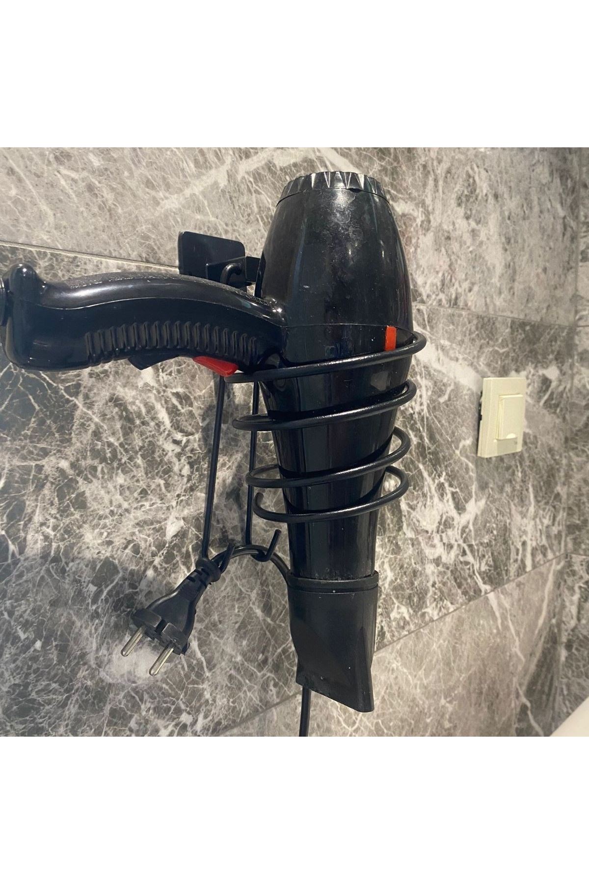 TBL Dekor® Kendiliğinden Yapışkanlı Siyah Paslanmaz Metal Fön Makinesi Askısı Saç Kurutma Makinesi Tutacağı