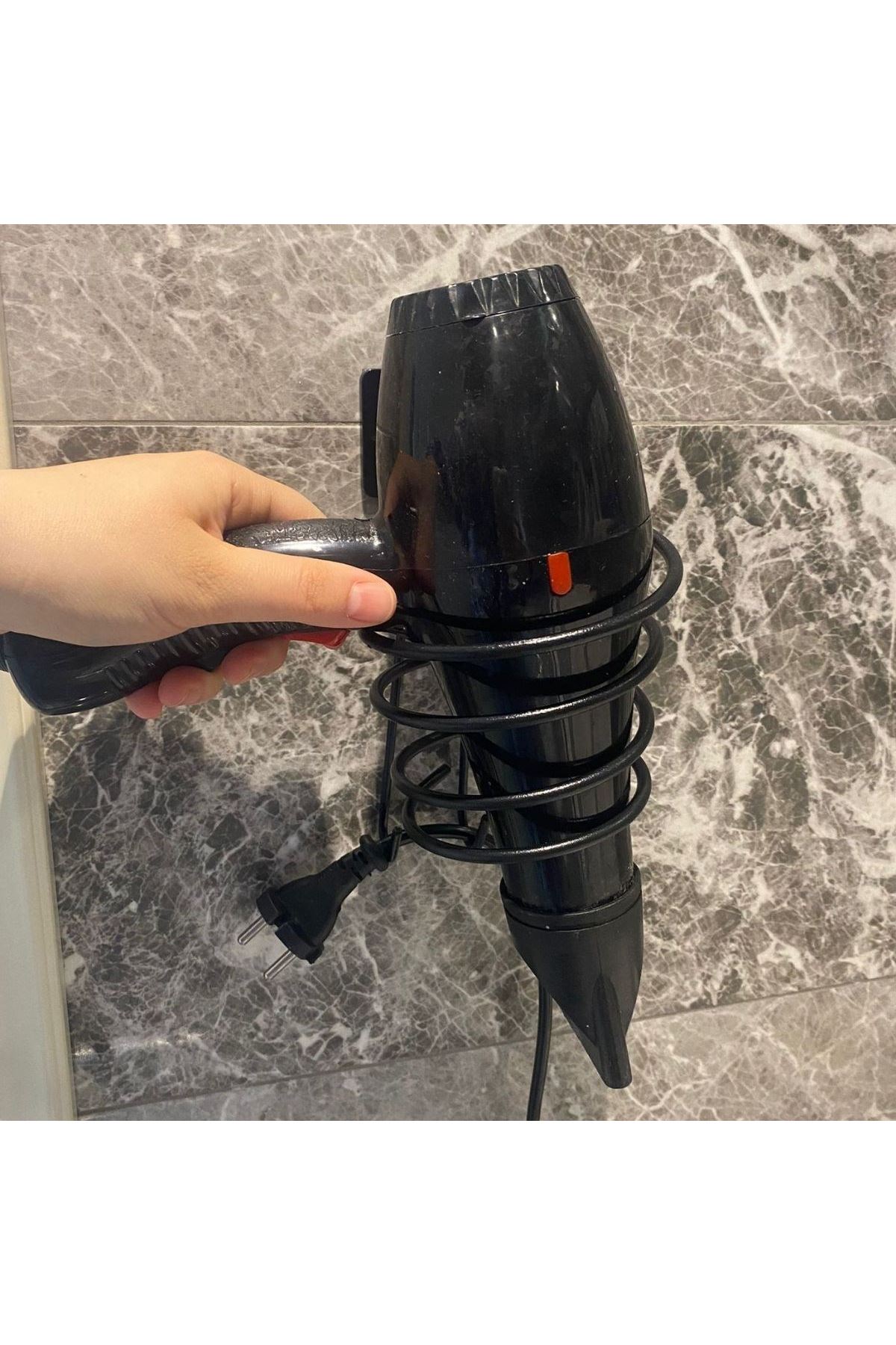 TBL Dekor® Kendiliğinden Yapışkanlı Siyah Paslanmaz Metal Fön Makinesi Askısı Saç Kurutma Makinesi Tutacağı