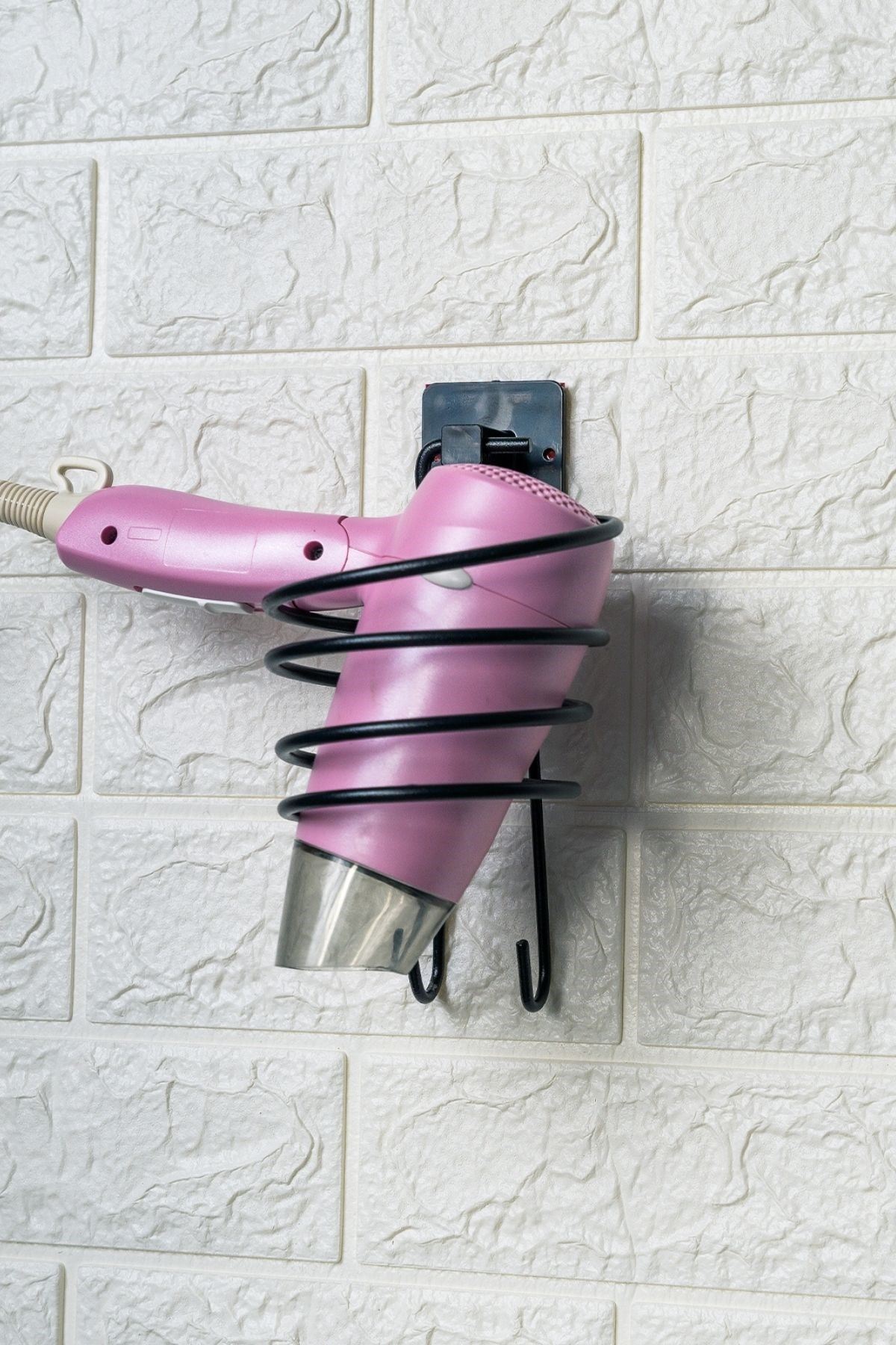 TBL Dekor® Kendiliğinden Yapışkanlı Siyah Paslanmaz Metal Fön Makinesi Askısı Saç Kurutma Makinesi Tutacağı