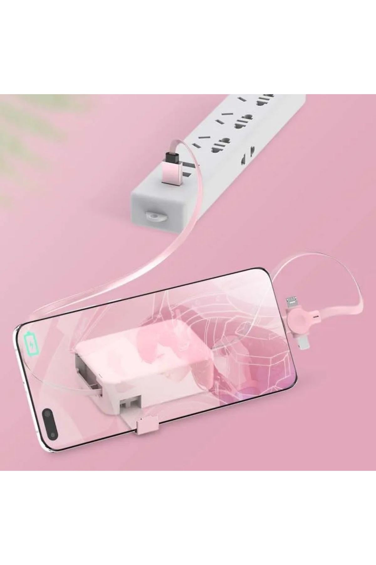 TBL Dekor® Cep Tipi Telefon Tutuculu Makaralı Uzayıp Kısalabilen 3'ü 1 Arada USB Şarj Kablosu