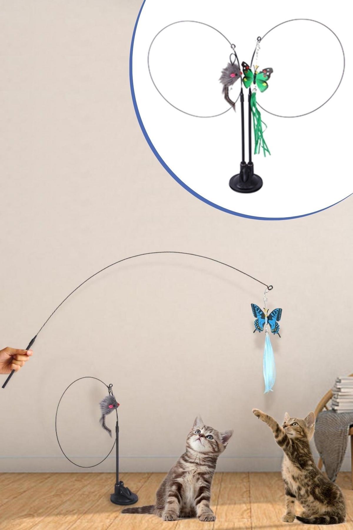 TBL Dekor® Vantuzlu Tüylü Zilli Olta Kedi Oyuncağı 2 Oltalı