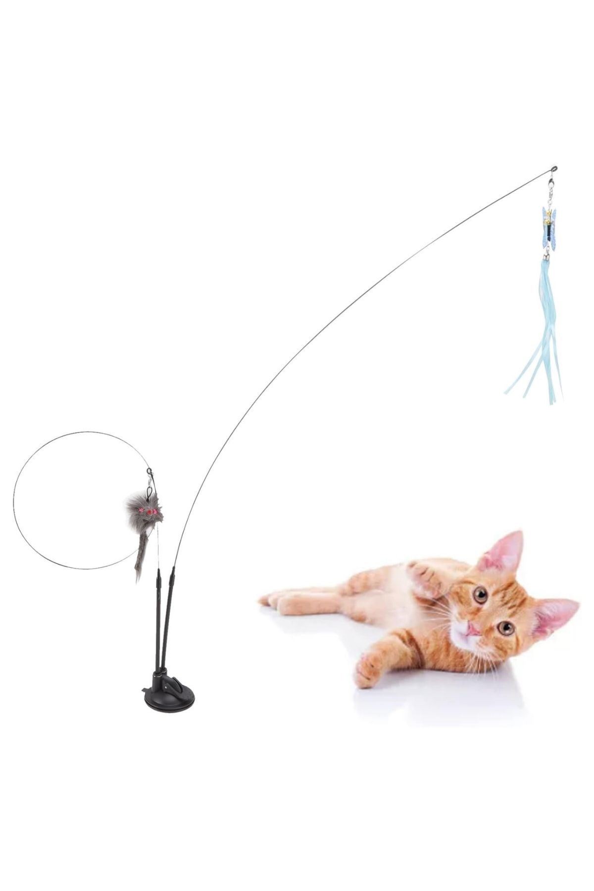 TBL Dekor® Vantuzlu Tüylü Zilli Olta Kedi Oyuncağı 2 Oltalı