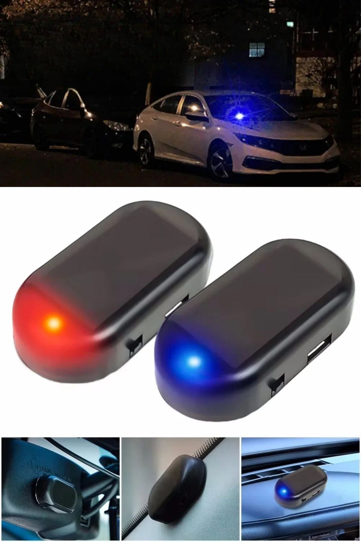 TBL Dekor®  Araç İçin Caydırıcı Solar Enerji İle Şarj Olan  Güçlü Yapışkanlı Işıklı Plastik Mini Sahte Alarm