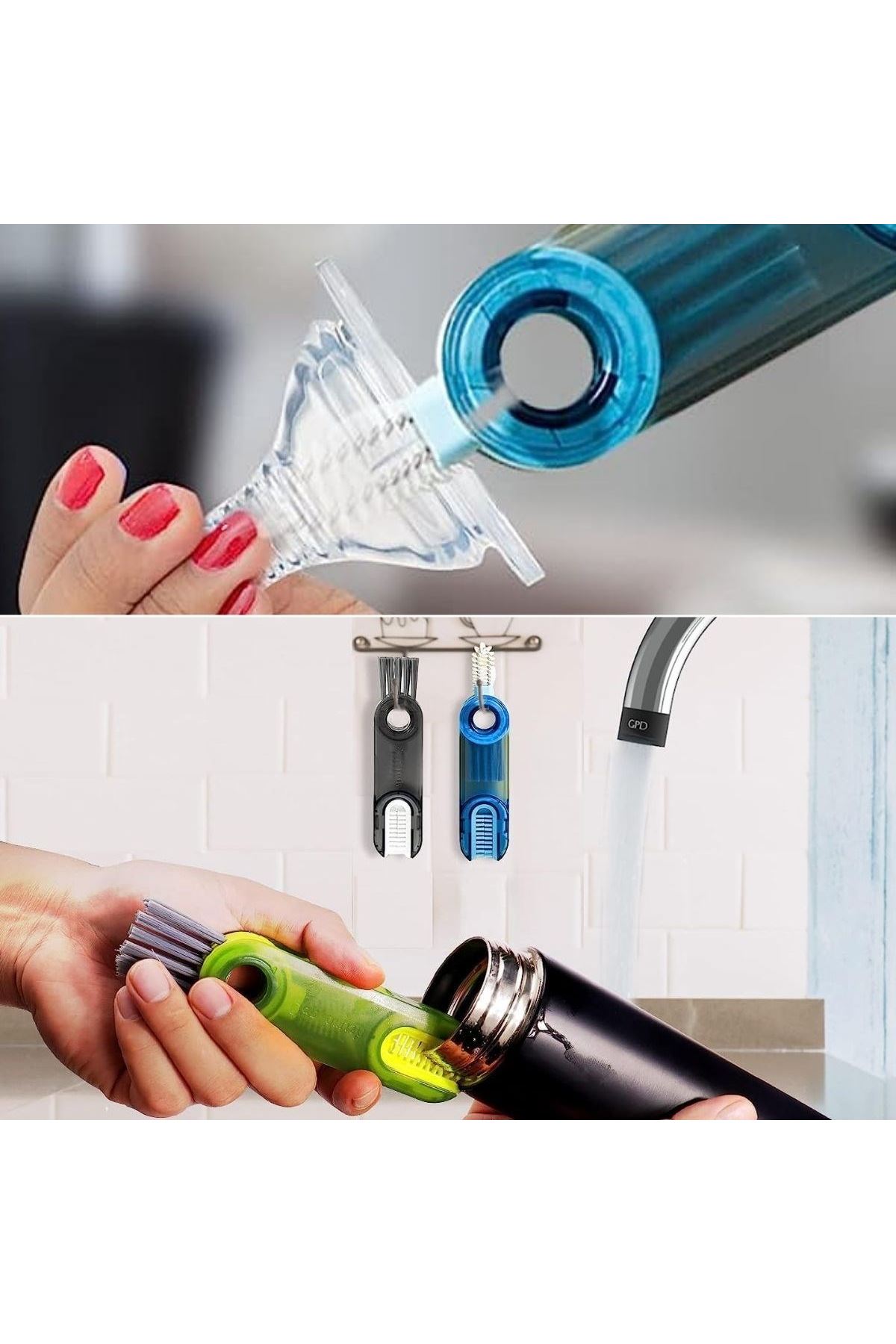 TBL Dekor®  3 Fonksiyonlu Pratik Şişe Temizleme Fırçası Mutfak Banyo Araç İçin Çok Amaçlı Fırça