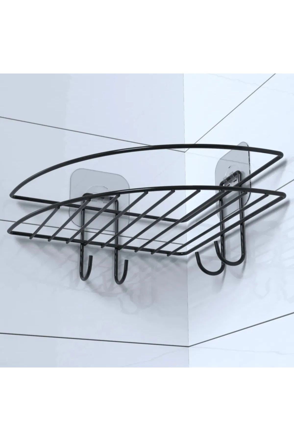 TBL Dekor® Yapışkanlı Banyo Köşeliği Kancalı Köşe Rafı Duş Şampuanlık Duvar Düzenleyici Organizer Raf