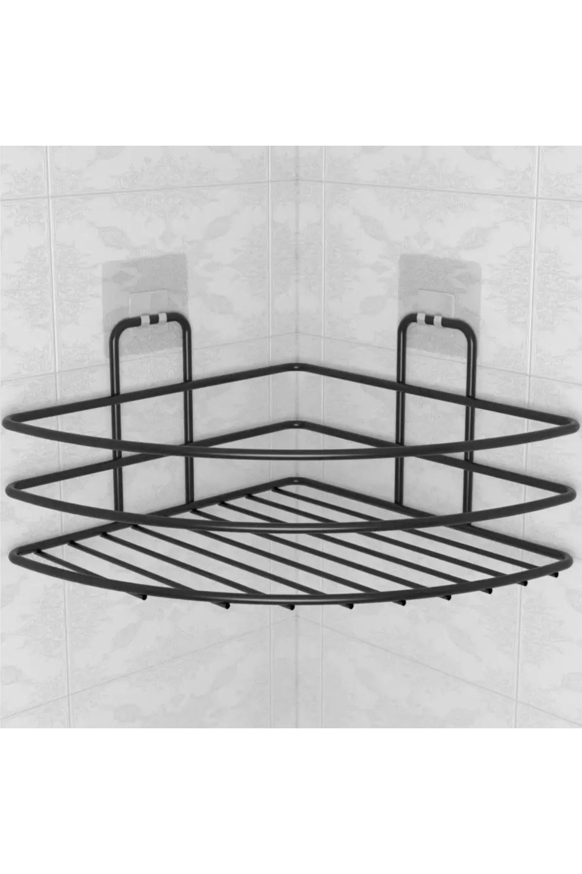 TBL Dekor® Kendiliğinden Yapışkanlı Montaj Gerektirmeyen Tek Katlı Banyo Askı Köşe Şampuanlık Siyah