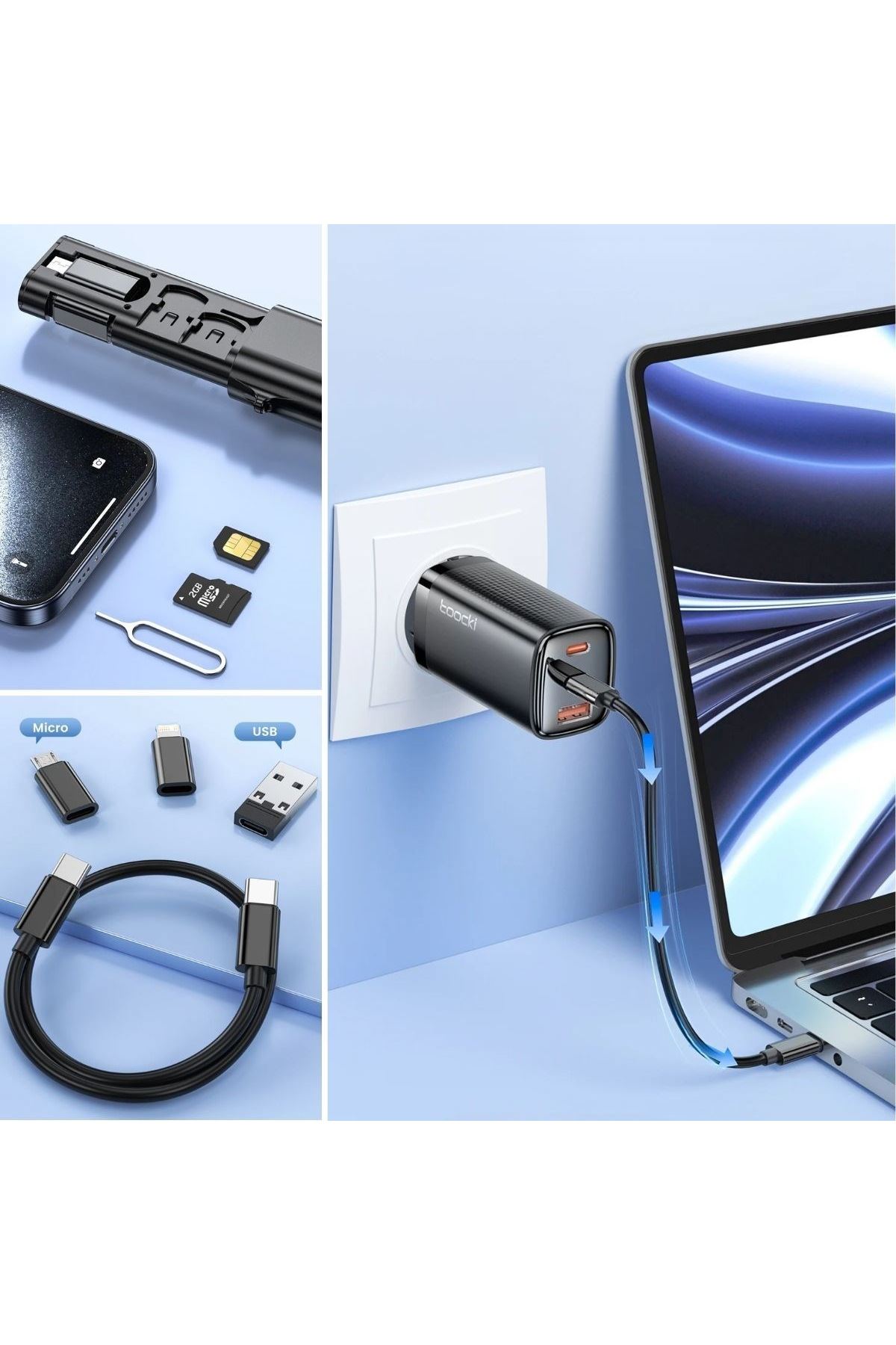 TBL Dekor® Cep Tipi 60W Bas Aç Type-C,İphone Şarj,Micro USB Hızlı Şarj Data Kablo Seti