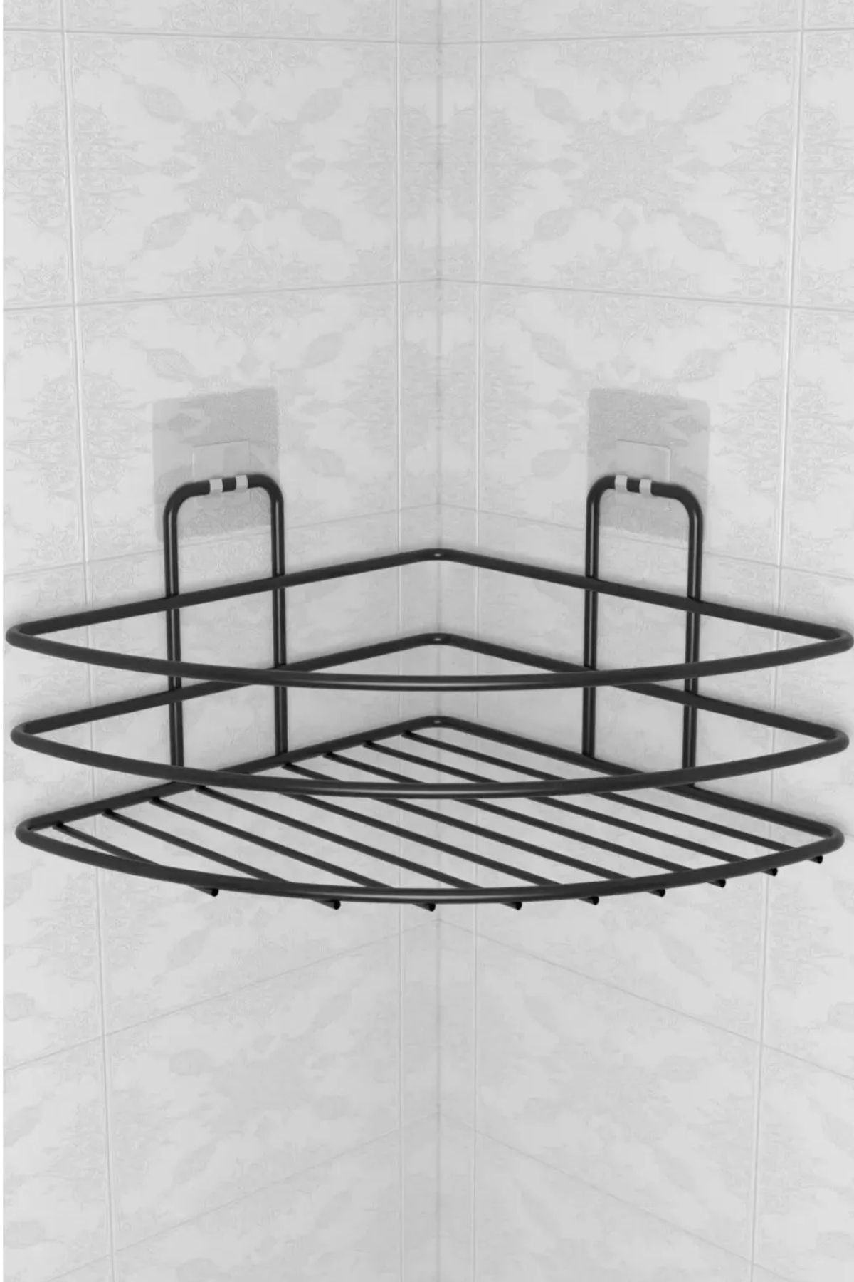 TBL Dekor® Kendiliğinden Yapışkanlı Montaj Gerektirmeyen Tek Katlı Banyo Askı Köşe Şampuanlık Siyah