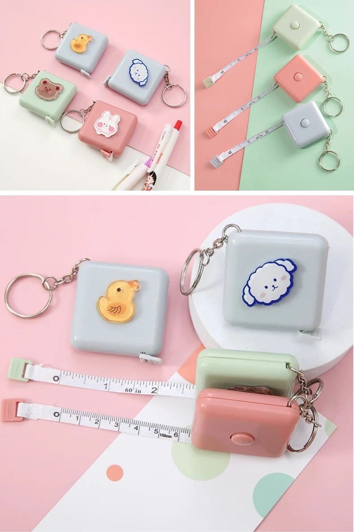 TBL Dekor® Sevimli Yumuşak Stickerli 150 cm Uzunluğunda Pratik Taşınabilir Çanta Boy Anahtarlıklı Mezura