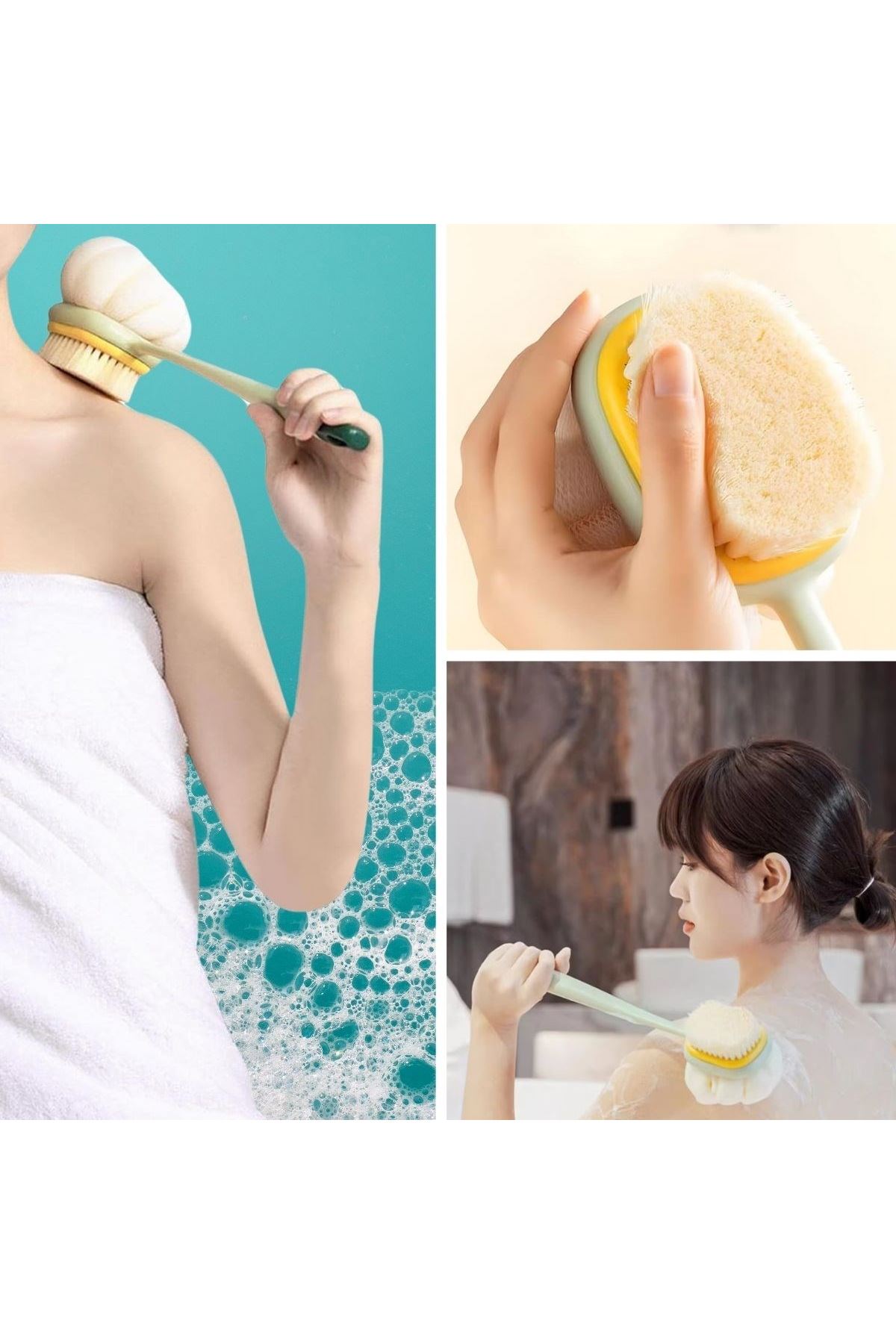 TBL Dekor®  2'si 1 Arada Çift Taraflı Uzun Saplı Fırçalı Banyo Vücut Sırt Fırçası Banyo Lifi