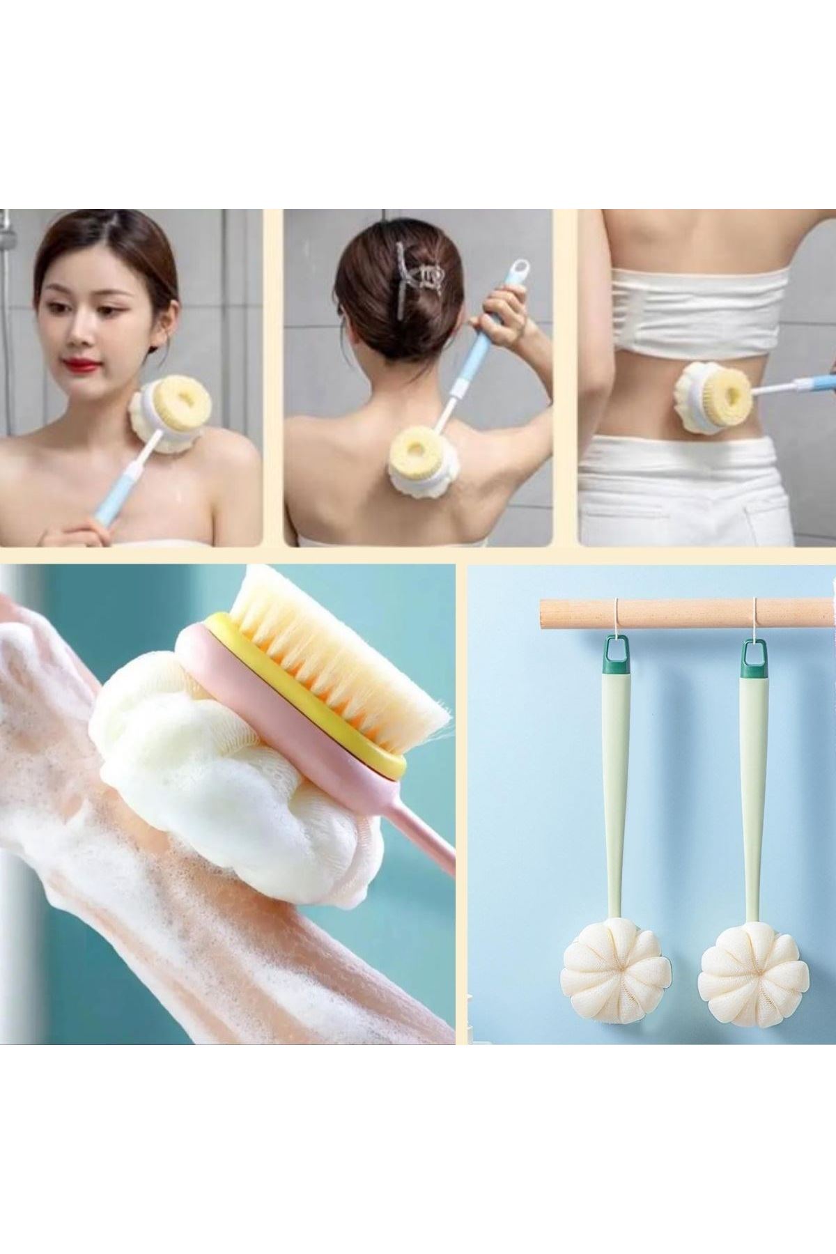 TBL Dekor®  2'si 1 Arada Çift Taraflı Uzun Saplı Fırçalı Banyo Vücut Sırt Fırçası Banyo Lifi