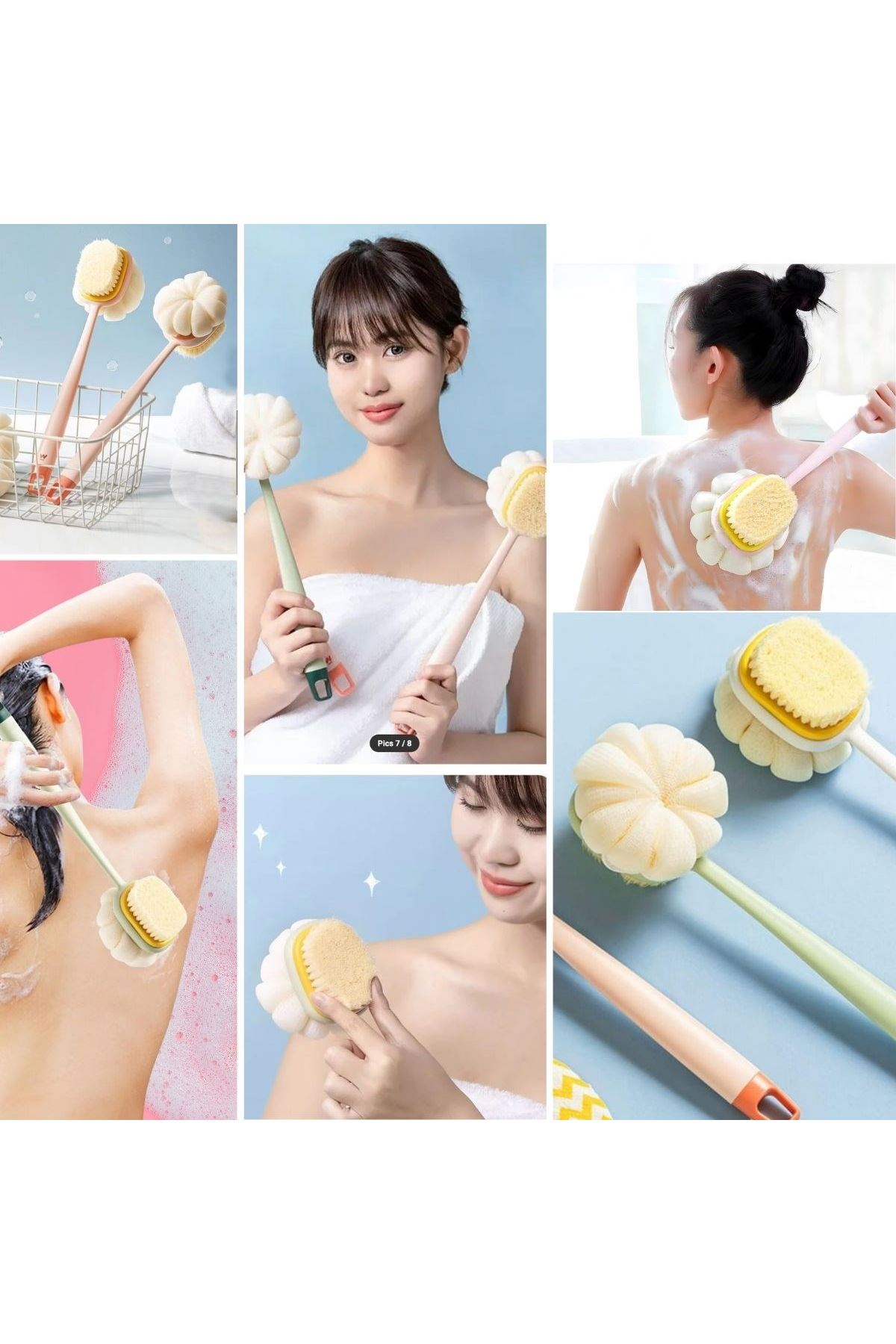 TBL Dekor®  2'si 1 Arada Çift Taraflı Uzun Saplı Fırçalı Banyo Vücut Sırt Fırçası Banyo Lifi