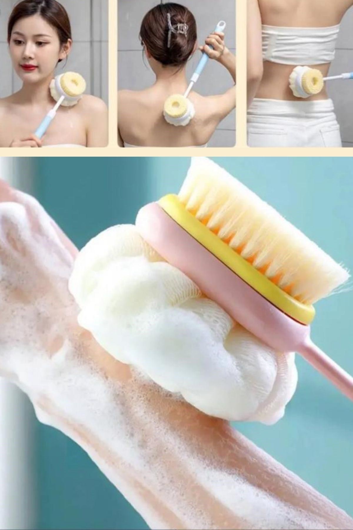 TBL Dekor®  2'si 1 Arada Çift Taraflı Uzun Saplı Fırçalı Banyo Vücut Sırt Fırçası Banyo Lifi